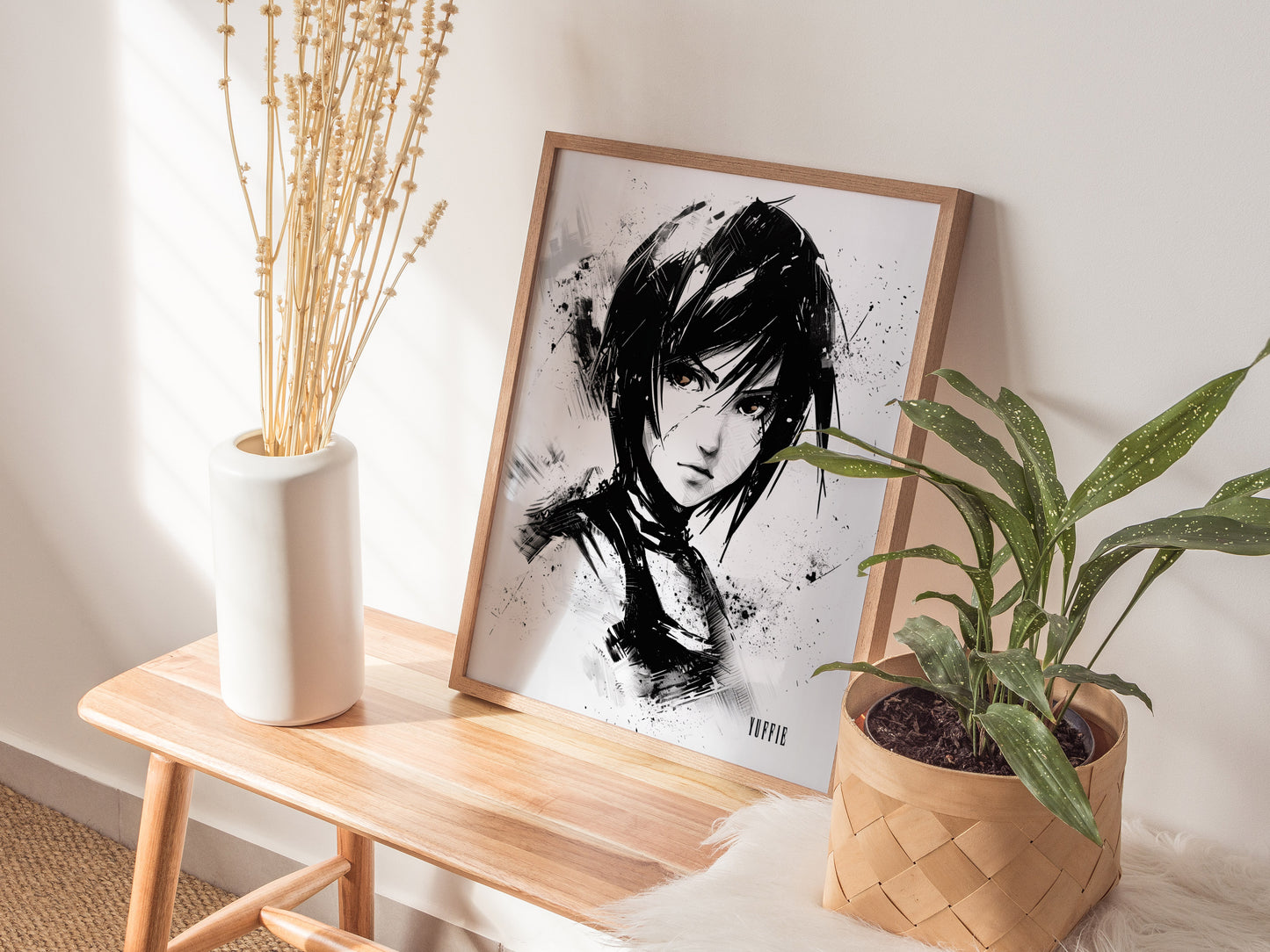 Framed black and white Final Fantasy VII art on a wooden side table with plants and a vase.