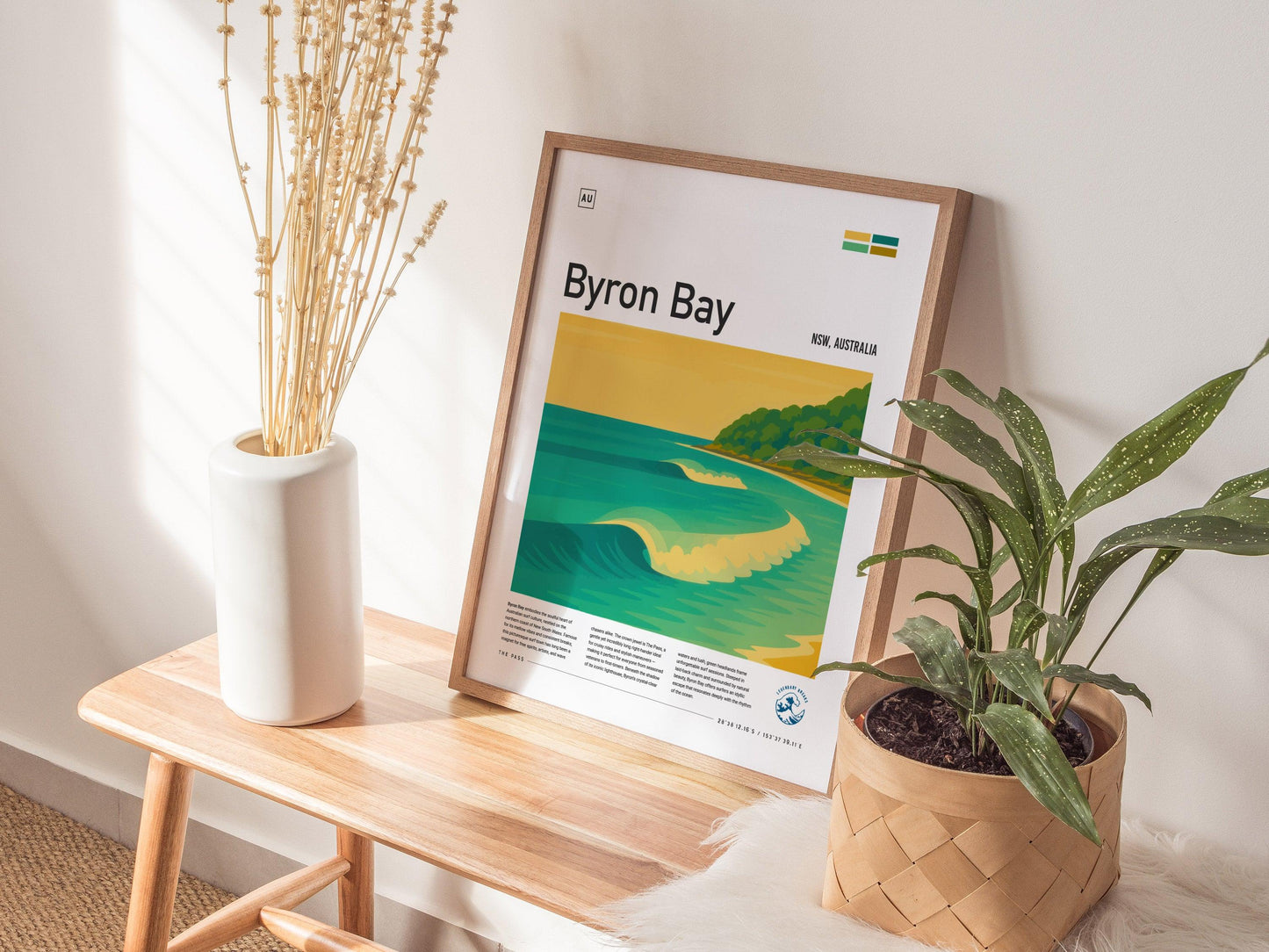 Byron Bay Surf Spot Framed Poster Australia Wave Modern Wall Art NSW Aussie Surfer Travel Print Minimalist Design Boho Surfing Decor Gift - Swell Scenes