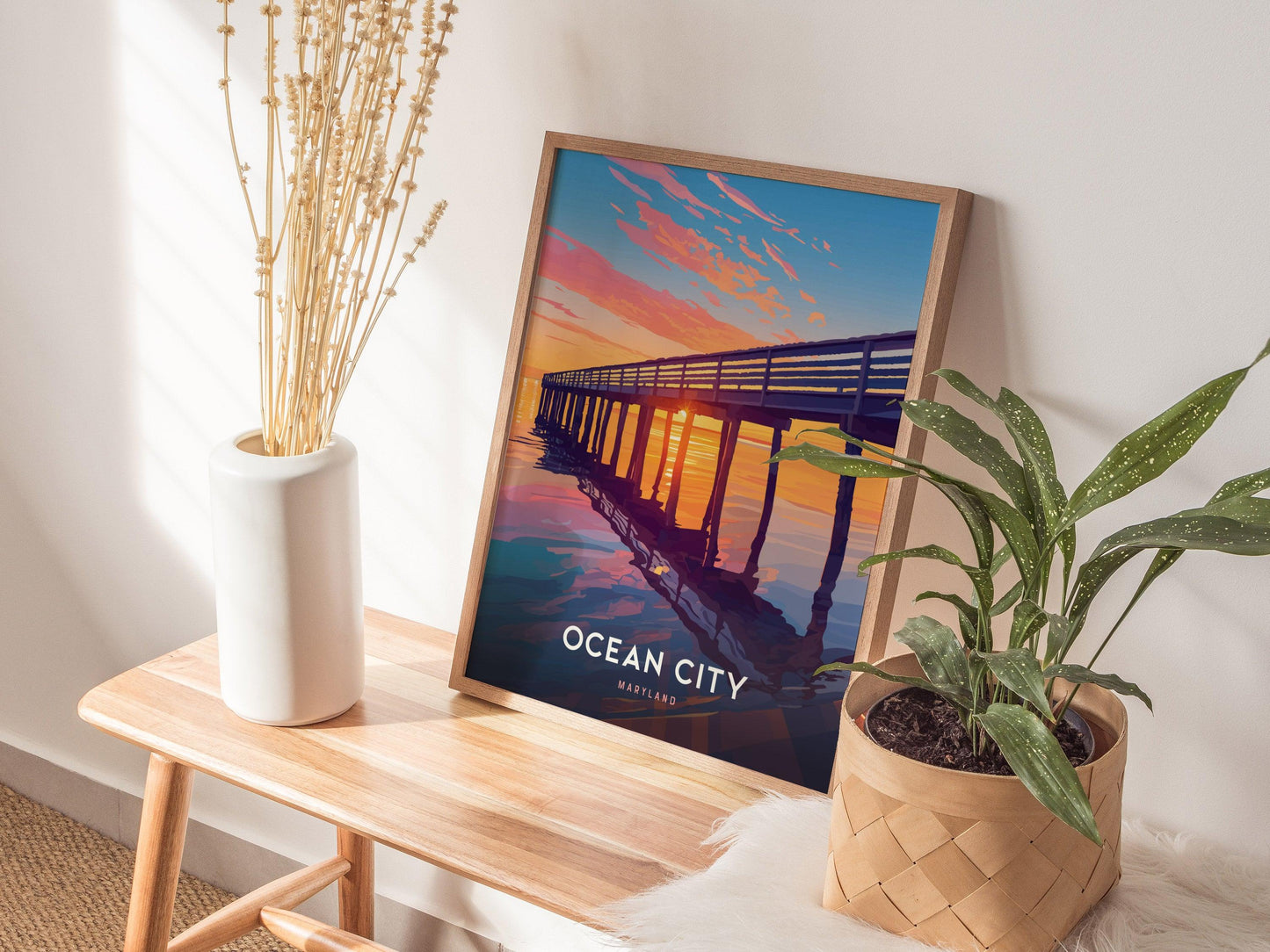 Ocean City Maryland Poster – Coastal Sunset Pier Print, Beach House Wall Art, Coastal Home Decor, Available Framed/Unframed, Travel Gift - Swell Scenes