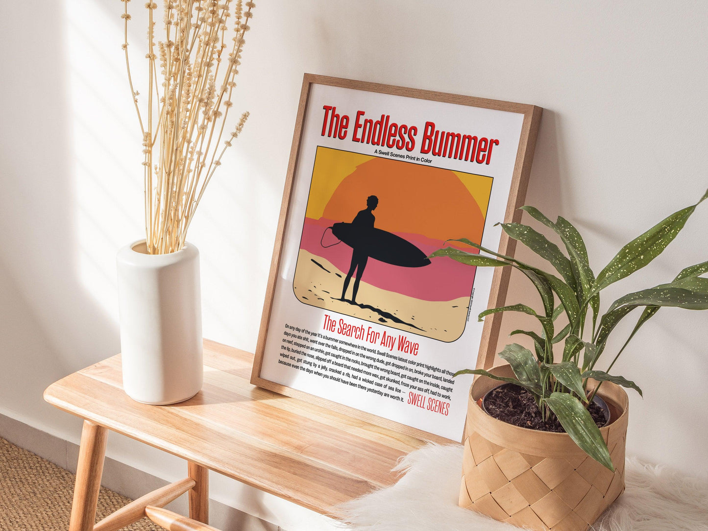 Endless Bummer poster featuring funny Endless Summer spoof with surfer silhouette and vintage surf art humor