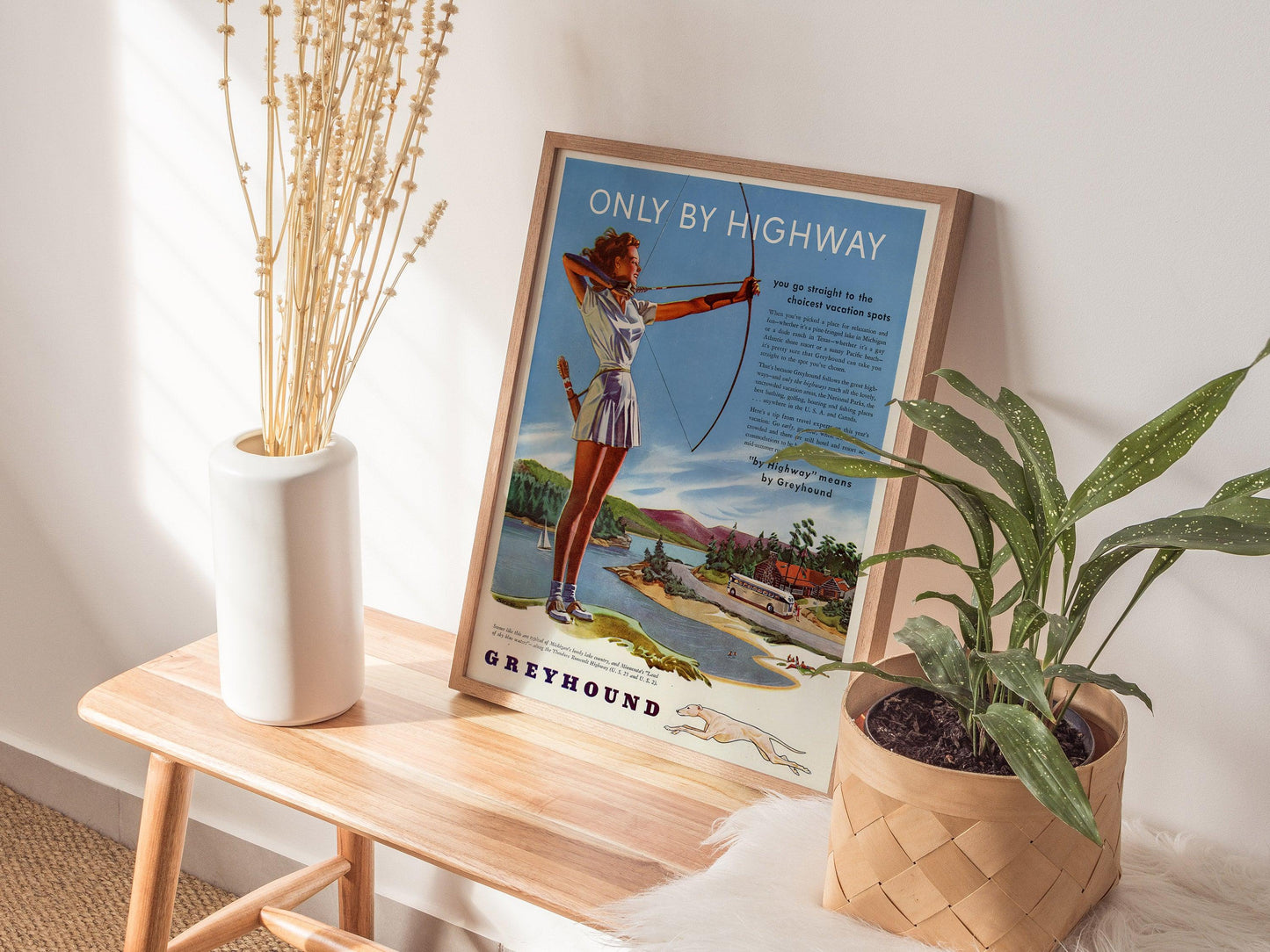 Vintage Greyhound Bus Travel Poster – Retro Highway Ad Print, 1900s Americana Art, Available Framed/Unframed, Mid-Century Wall Decor - Swell Scenes
