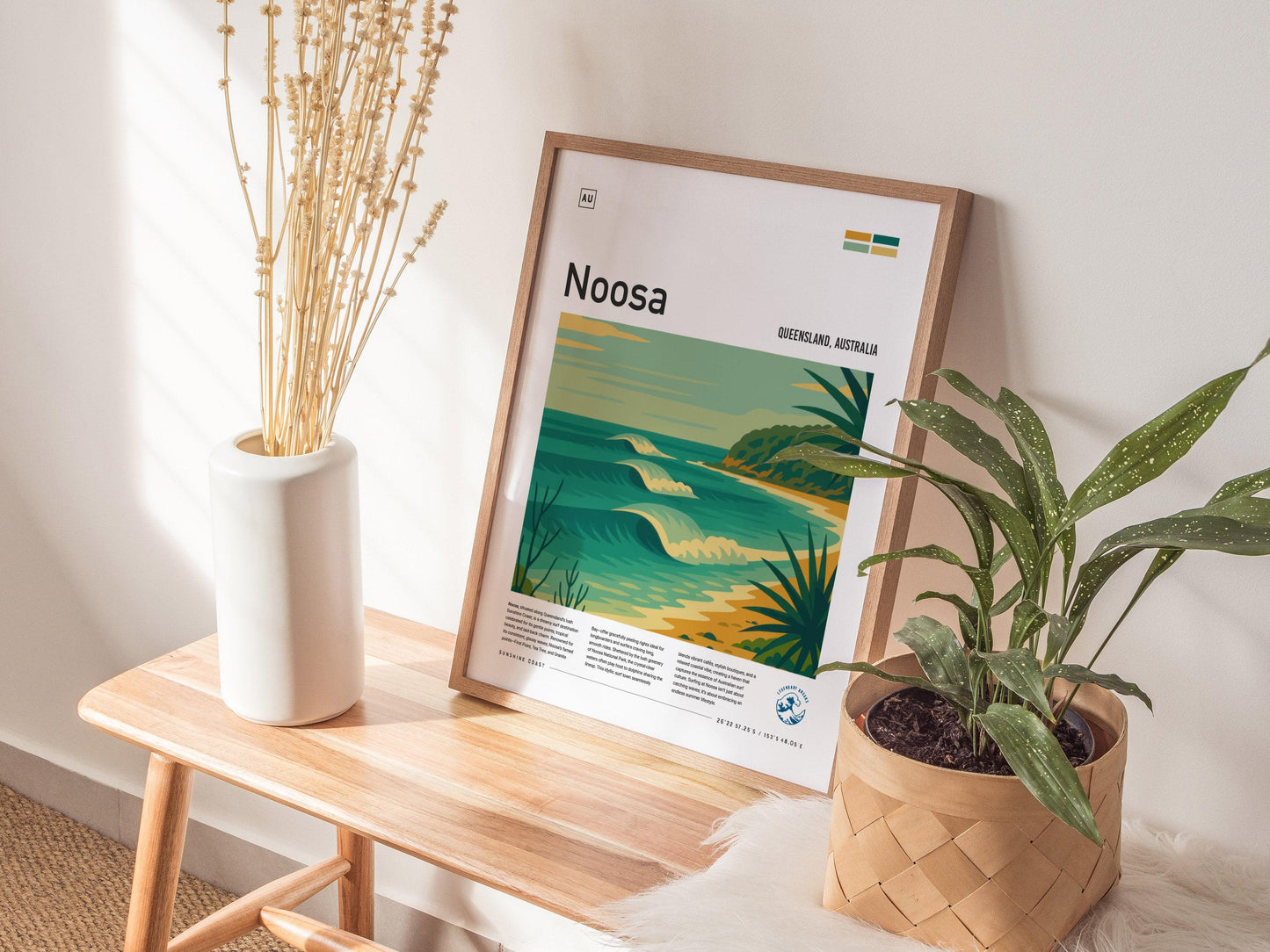 Noosa Surf Spot Framed Poster | Queensland Australia Longboard Wave | Modern Wall Art Surfer Travel Print | Minimalist Design Sunshine Coast Surfing Decor - Swell Scenes