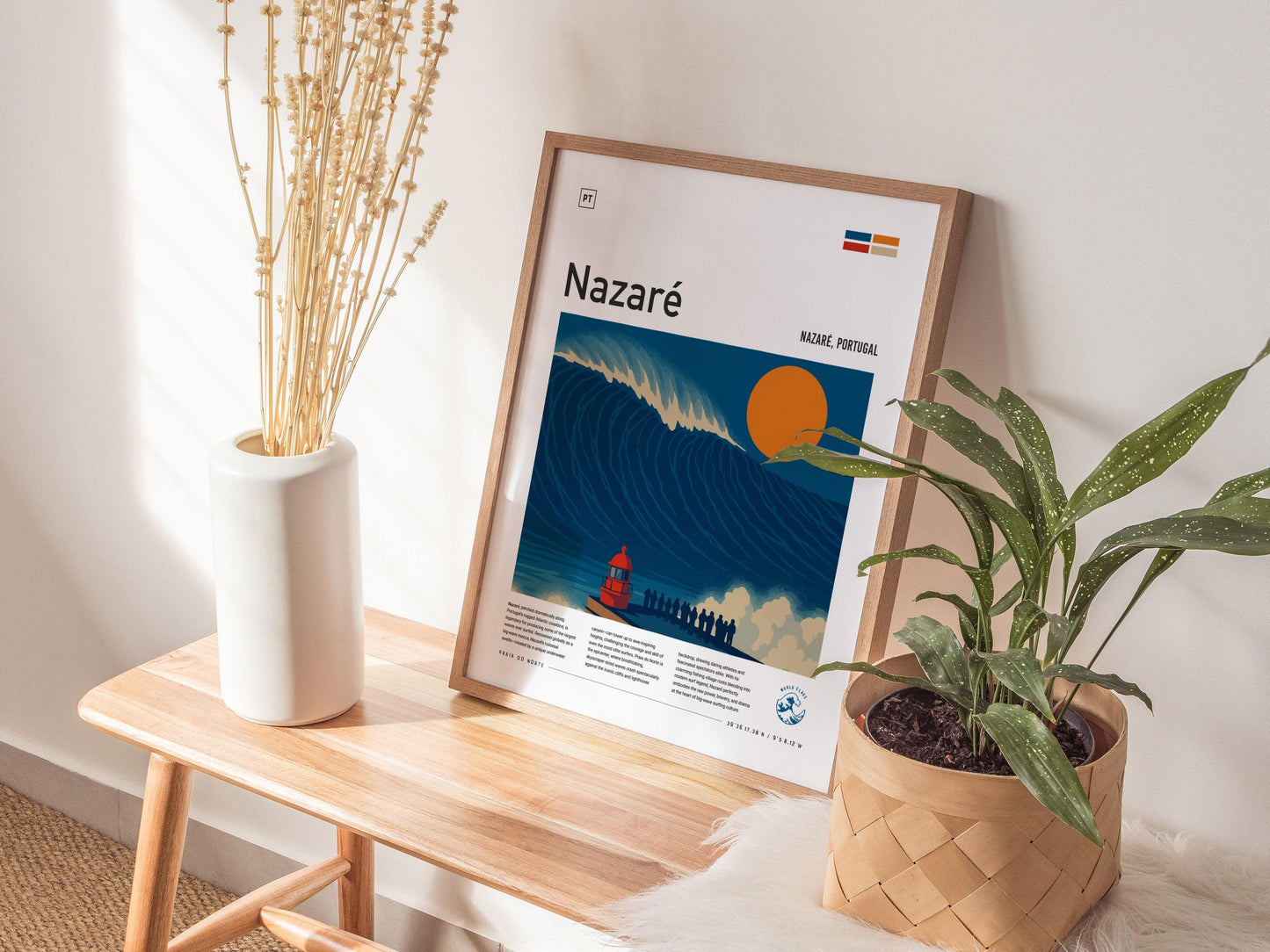 Nazaré Big Wave Surf Spot Framed Poster | Portugal Epic 100 Foot Wave | Modern Wall Art Surfer Nazare Travel Print | Minimalist Design Surfing Decor - Swell Scenes