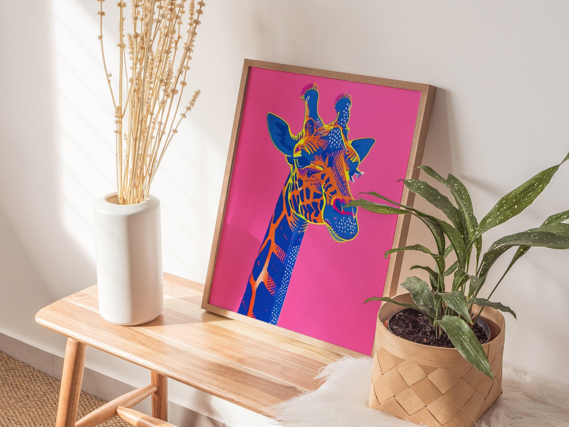 Neon Giraffe Pop Art Poster – Bold Safari Animal Wall Decor, Retro 80s Aesthetic, Vibrant Wildlife Print, Available Framed/Unframed - Swell Scenes