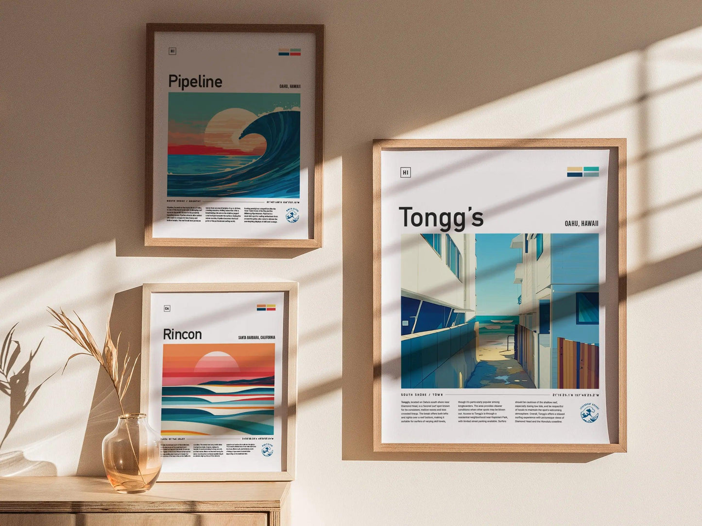 Tongg's Surf Spot Framed Poster | Tonggs Beach Hawaii Wave Wall Art | Oahu HI Waikiki Surfer Travel Print | Surfing Minimal Design - Swell Scenes