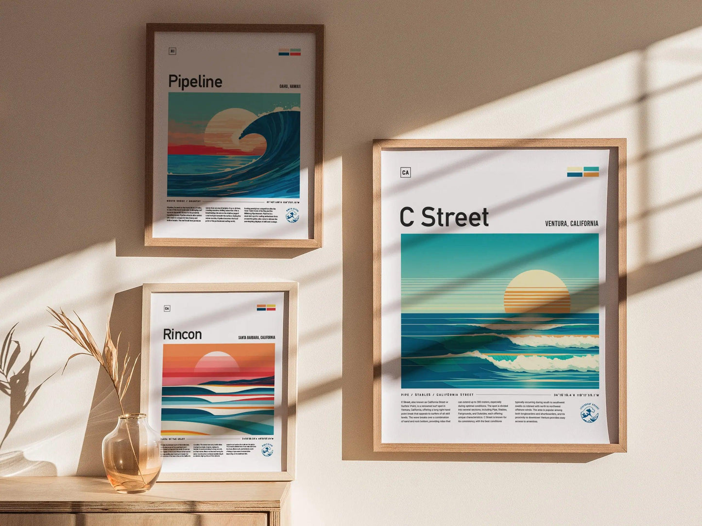 C Street Ventura California Surf Spot Framed Poster | CA Beach Surfing Wave Wall Art | Minimal Design Surfer Travel Print - Swell Scenes