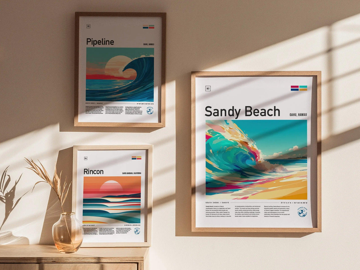 Sandy Beach Surf Spot Framed Poster | Sandys Hawaii Wave Wall Art | Oahu HI Bodyboarder Surfer Travel Print | Surfing Minimal Design - Swell Scenes