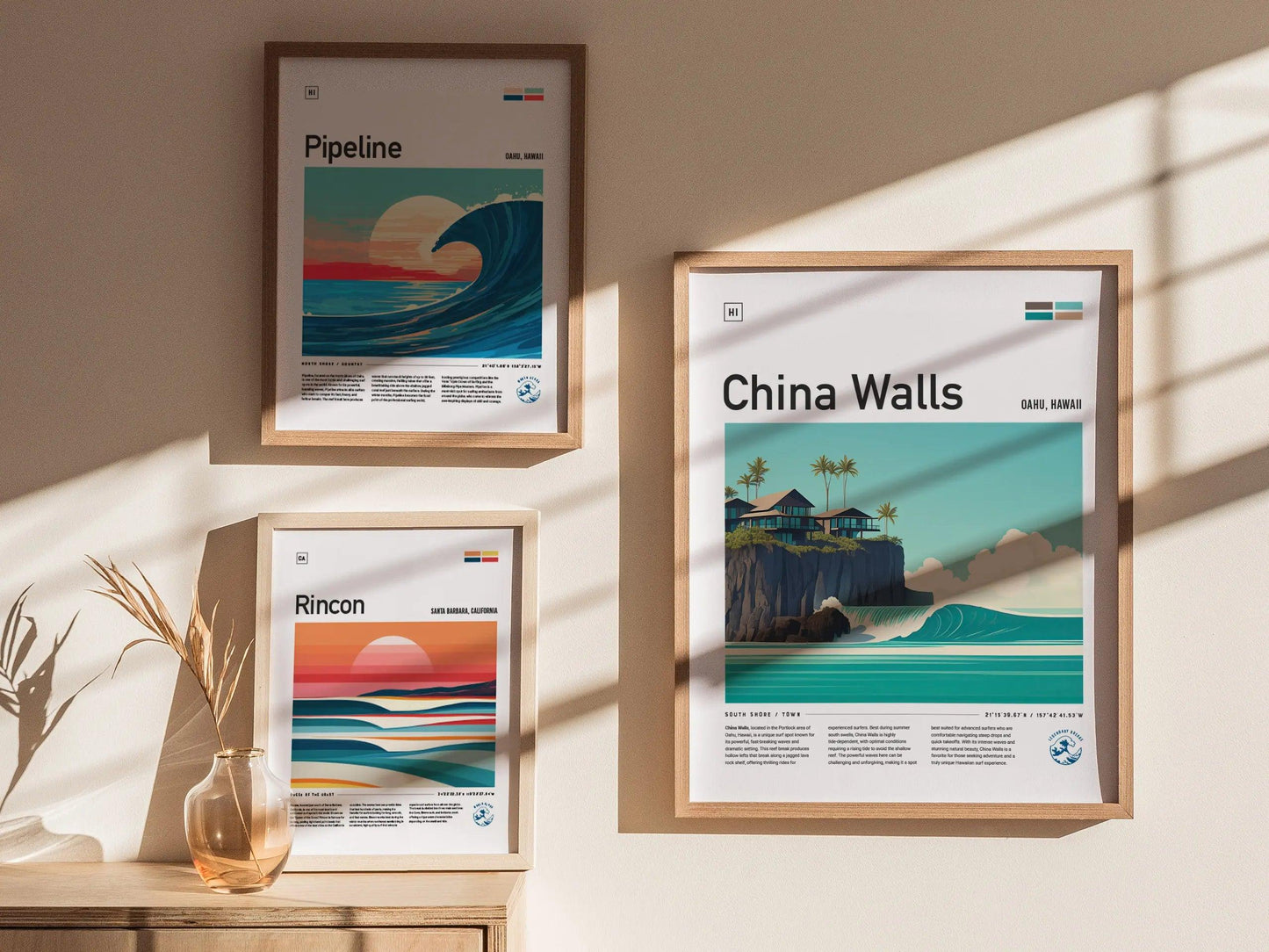 China Walls Oahu Surf Spot Framed Poster | Hawaii Kai Wave Wall Art | HI Town Surfer Travel Print | South Shore Surfing Minimalist Design - Swell Scenes