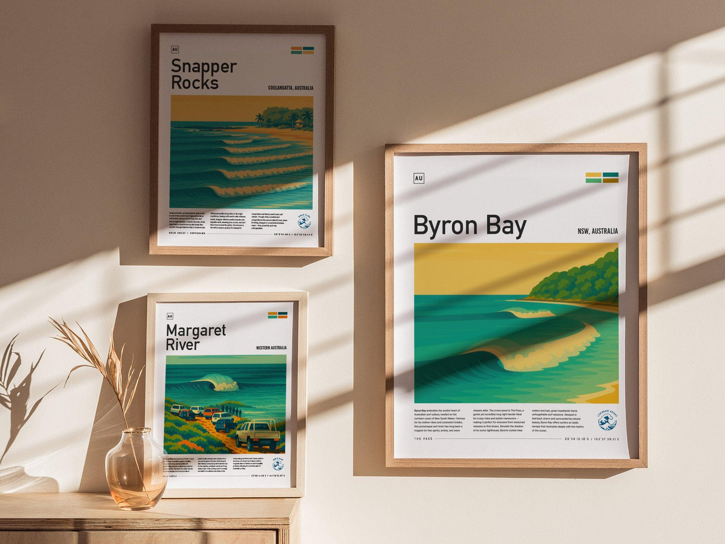 Byron Bay Surf Spot Framed Poster Australia Wave Modern Wall Art NSW Aussie Surfer Travel Print Minimalist Design Boho Surfing Decor Gift - Swell Scenes