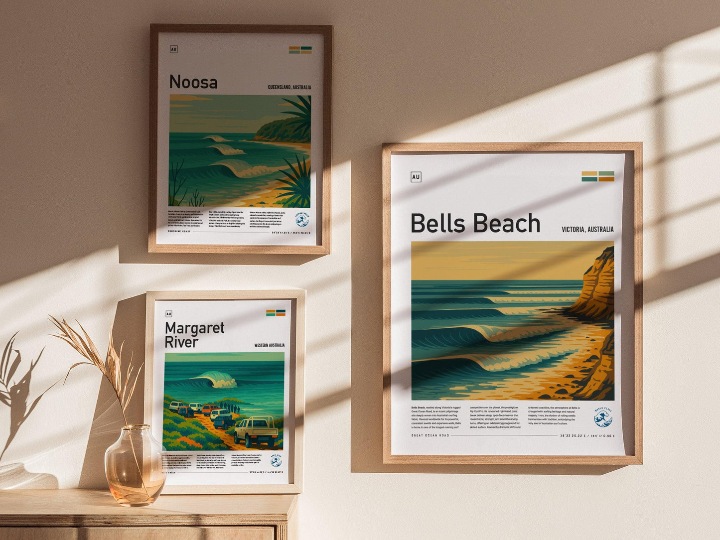 Bells Beach Surf Spot Framed Poster Australia Wave Modern Wall Art Great Ocean Road OZ Surfer Travel Print Minimalist Design Surfing Decor - Swell Scenes