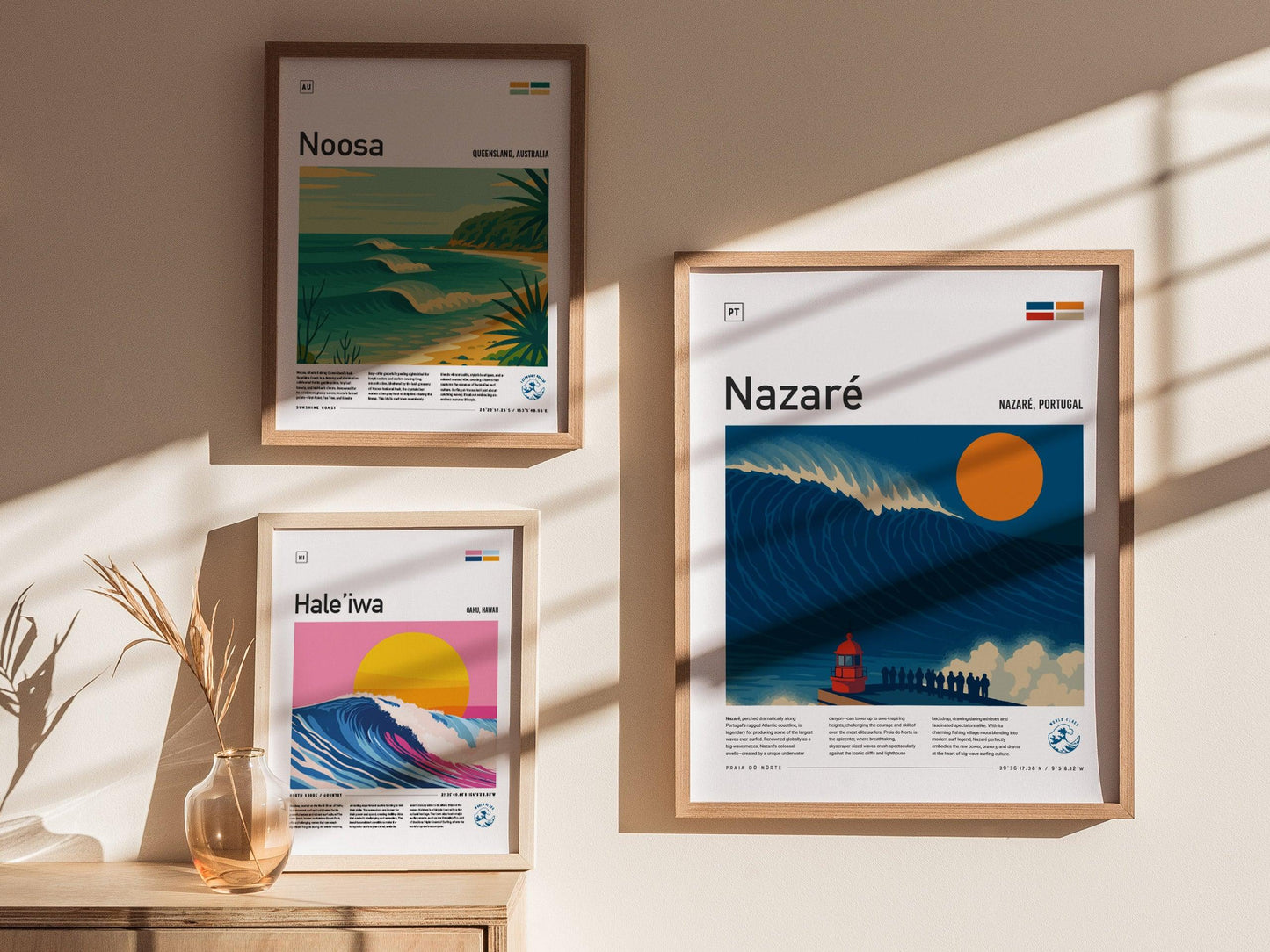 Nazaré Big Wave Surf Spot Framed Poster | Portugal Epic 100 Foot Wave | Modern Wall Art Surfer Nazare Travel Print | Minimalist Design Surfing Decor - Swell Scenes