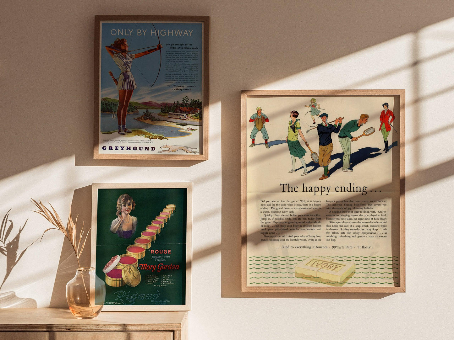Vintage Ivory Soap 1920s poster displayed in bathroom with Happy Ending retro advertising decor