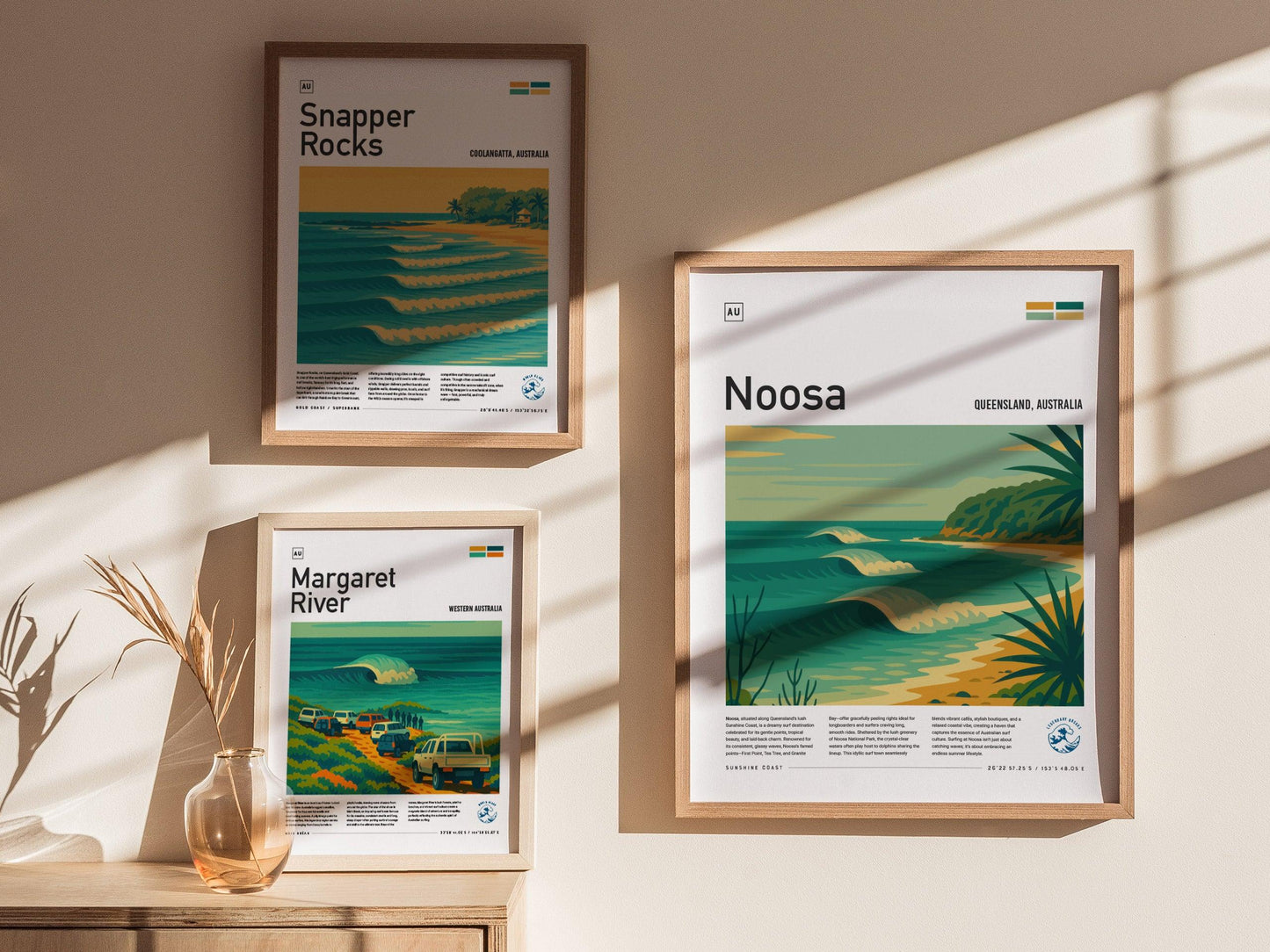 Noosa Surf Spot Framed Poster | Queensland Australia Longboard Wave | Modern Wall Art Surfer Travel Print | Minimalist Design Sunshine Coast Surfing Decor - Swell Scenes