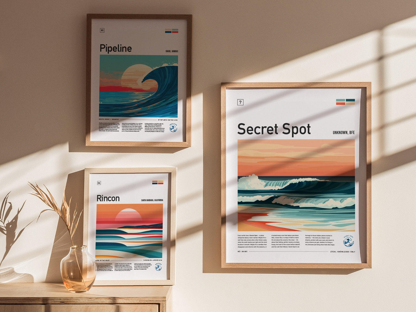 Secret Spot Framed Surf Poster, No Name Beach House Wave Wall Art, Surfer Gift Travel Print, Surfing Life Design Ocean Cottage Decor - Swell Scenes