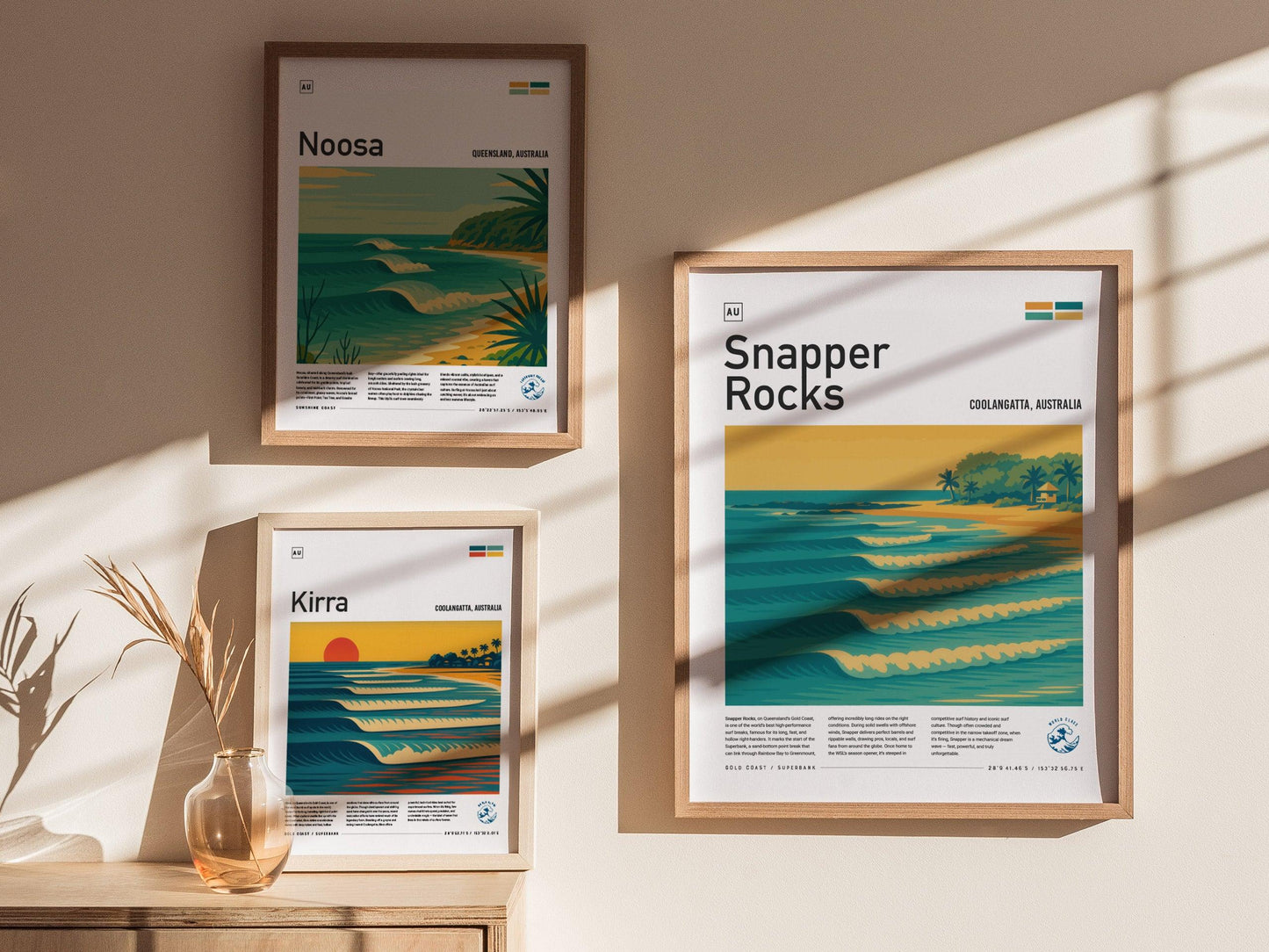 Snapper Rocks Surf Spot Framed Poster | Gold Coast Australia Epic Wave | Modern Wall Art Surfer Travel Print | Minimalist Design Superbank Surfing Decor - Swell Scenes