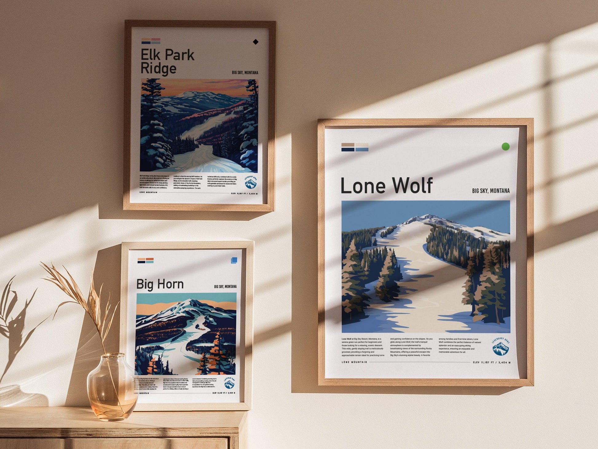 Lone Wolf | Big Sky Montana Beginner Green Ski Run Framed Poster Skier Snowboarder Lone Mountain Cabin Resort Skiing Trip Art Decor Gift Set - Swell Scenes