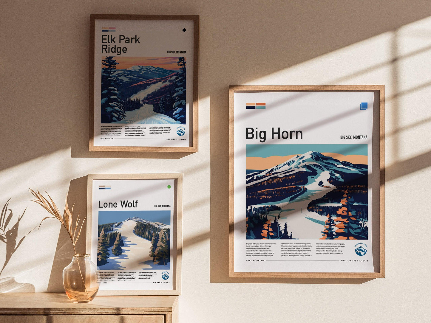 Big Horn | Big Sky Montana Intermediate Blue Ski Run Framed Poster Skier Snowboarder Lone Mountain Cabin Resort Skiing Trip Art Decor Gift - Swell Scenes