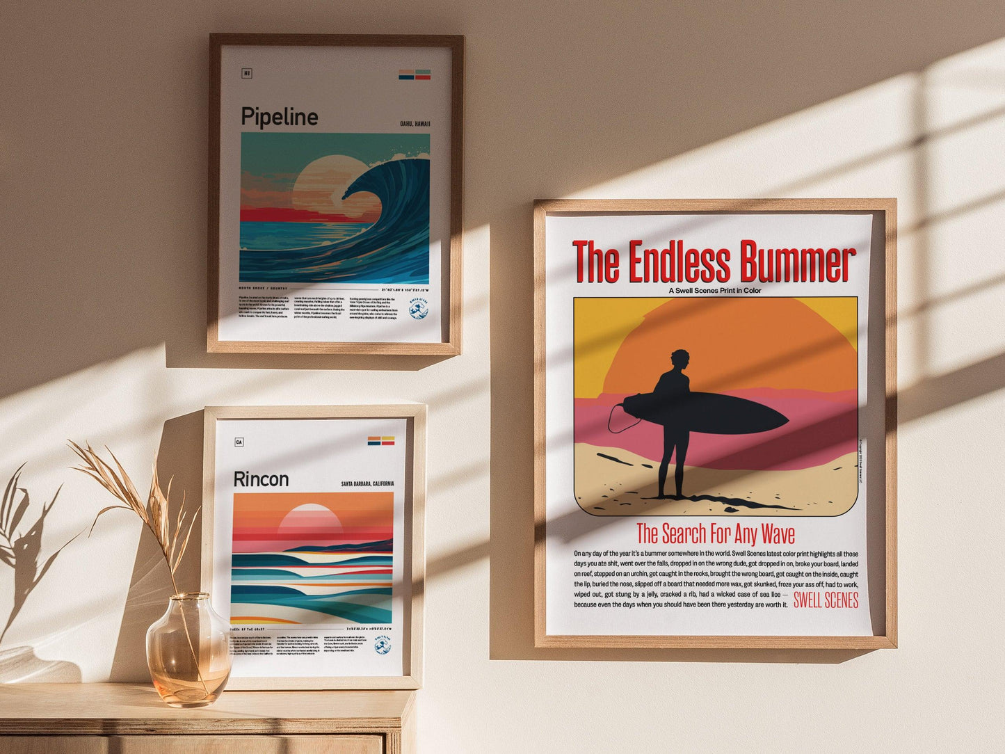 Endless Bummer wall art displayed in surf shack with funny surfer humor and vintage surf culture decor