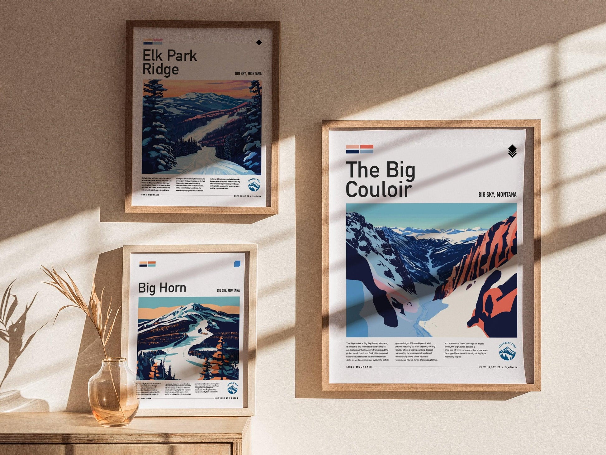 The Big Couloir | Big Sky Montana Black Diamond Expert Ski Run Framed Poster Skier Snowboarder Mountain Cabin Resort Skiing Art Decor Gift - Swell Scenes