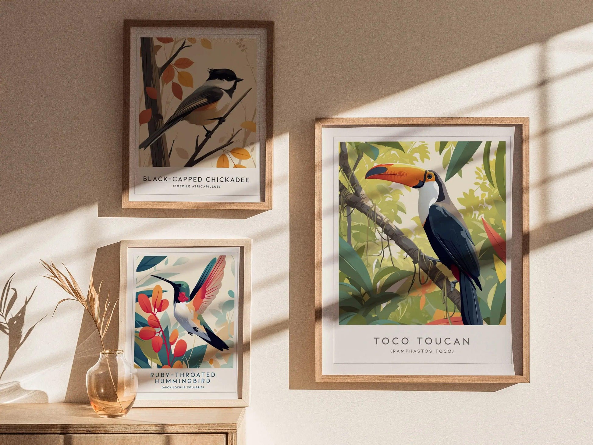 Toco toucan wall art displayed in modern room with tropical bird decor and colorful exotic design