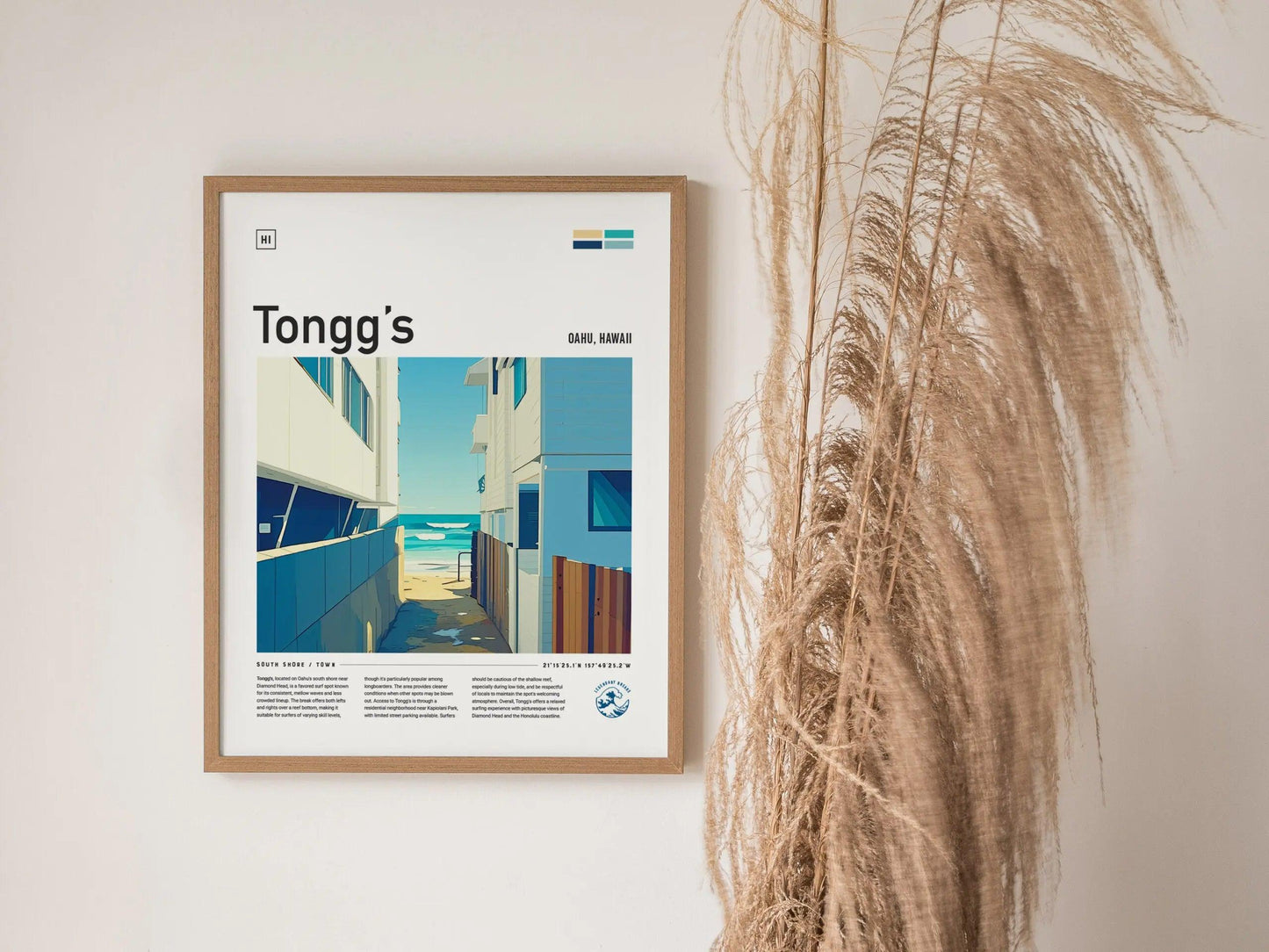Tongg's Surf Spot Framed Poster | Tonggs Beach Hawaii Wave Wall Art | Oahu HI Waikiki Surfer Travel Print | Surfing Minimal Design - Swell Scenes