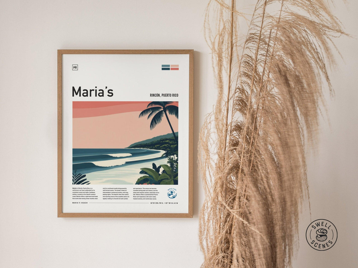 Maria's Surf Spot Framed Poster | Puerto Rico Surfing Wall Art | Rincon Surfer Minimalist Design Travel Print - Swell Scenes