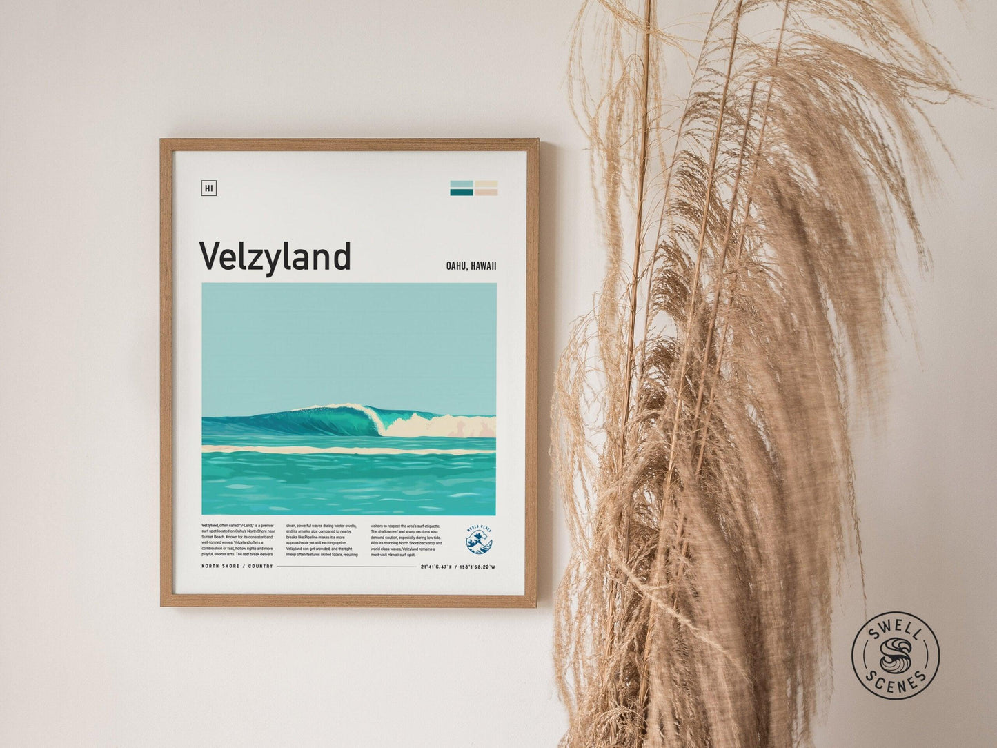 Velzyland Oahu Surf Spot Framed Poster | V-Land Wave Modern Wall Art | North Shore Surfer Travel Print | Hawaii Surfing Minimalist Design - Swell Scenes