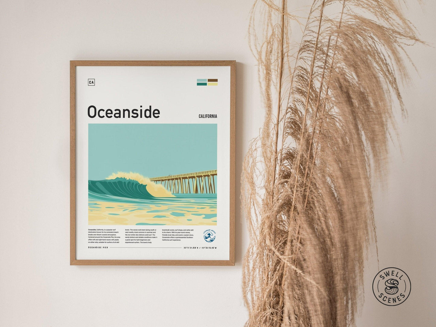 Oceanside Pier California Surf Spot Framed Poster | Southern CA Wave Modern Wall Art | SoCal Surfer Travel Print | Surfing Minimalist Design - Swell Scenes