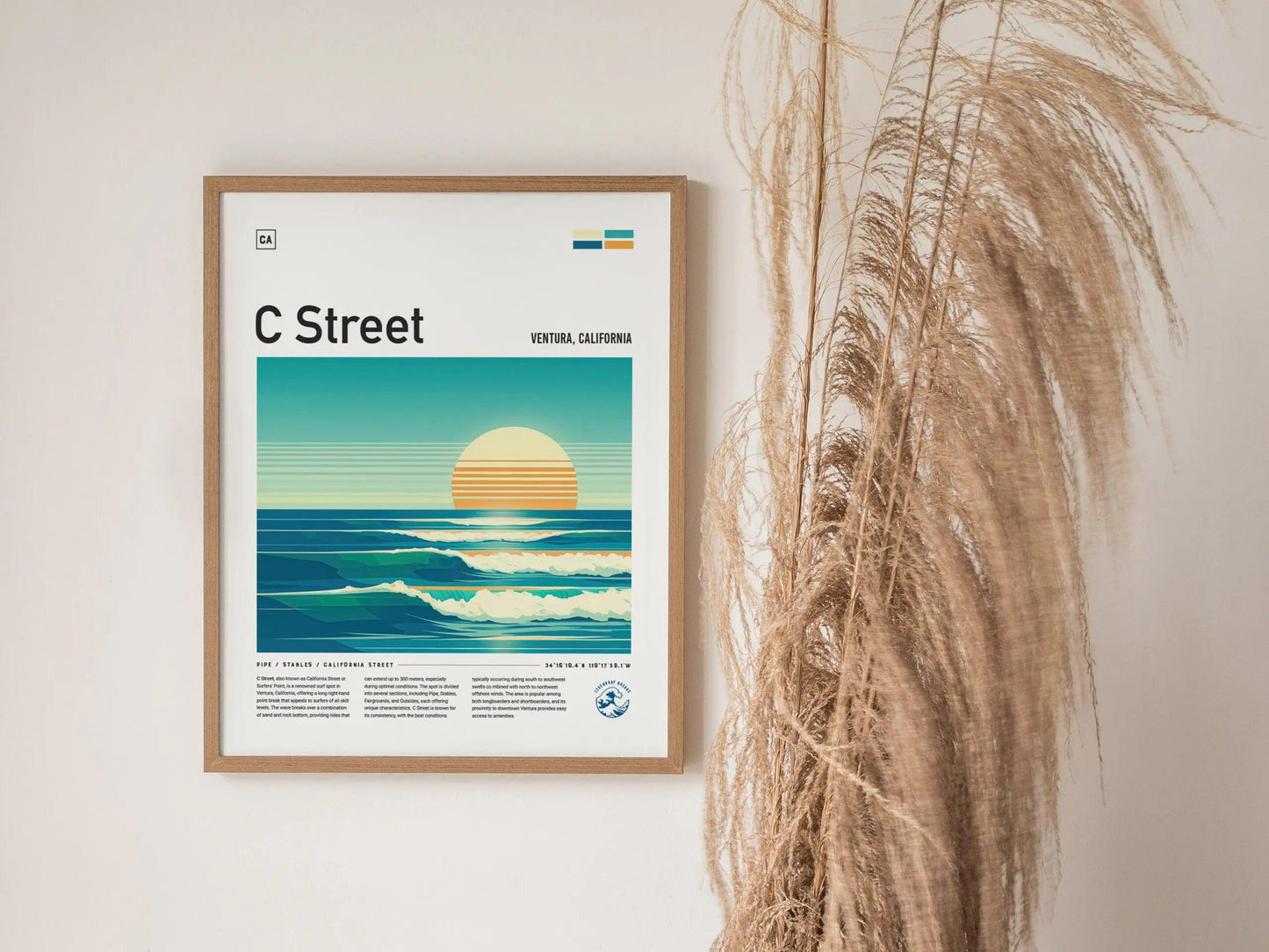C Street Ventura California Surf Spot Framed Poster | CA Beach Surfing Wave Wall Art | Minimal Design Surfer Travel Print - Swell Scenes