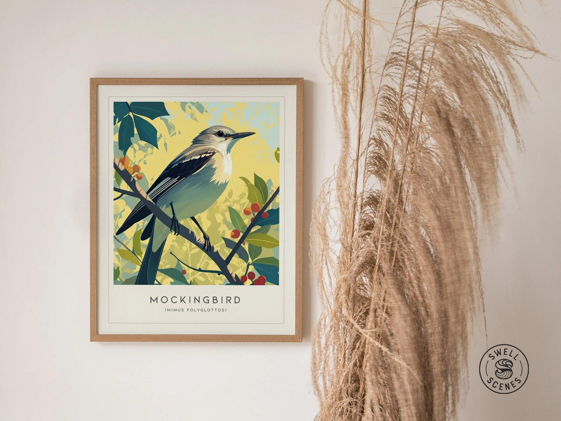 Mockingbird Songbird Modern Framed Wall Art | Cottagecore Minimalist Nature Wildlife Poster | Audubon Scientific Print | Bird Lover Farm House Decor - Swell Scenes
