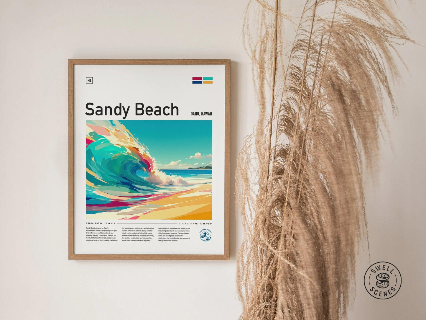 Sandy Beach Surf Spot Framed Poster | Sandys Hawaii Wave Wall Art | Oahu HI Bodyboarder Surfer Travel Print | Surfing Minimal Design - Swell Scenes