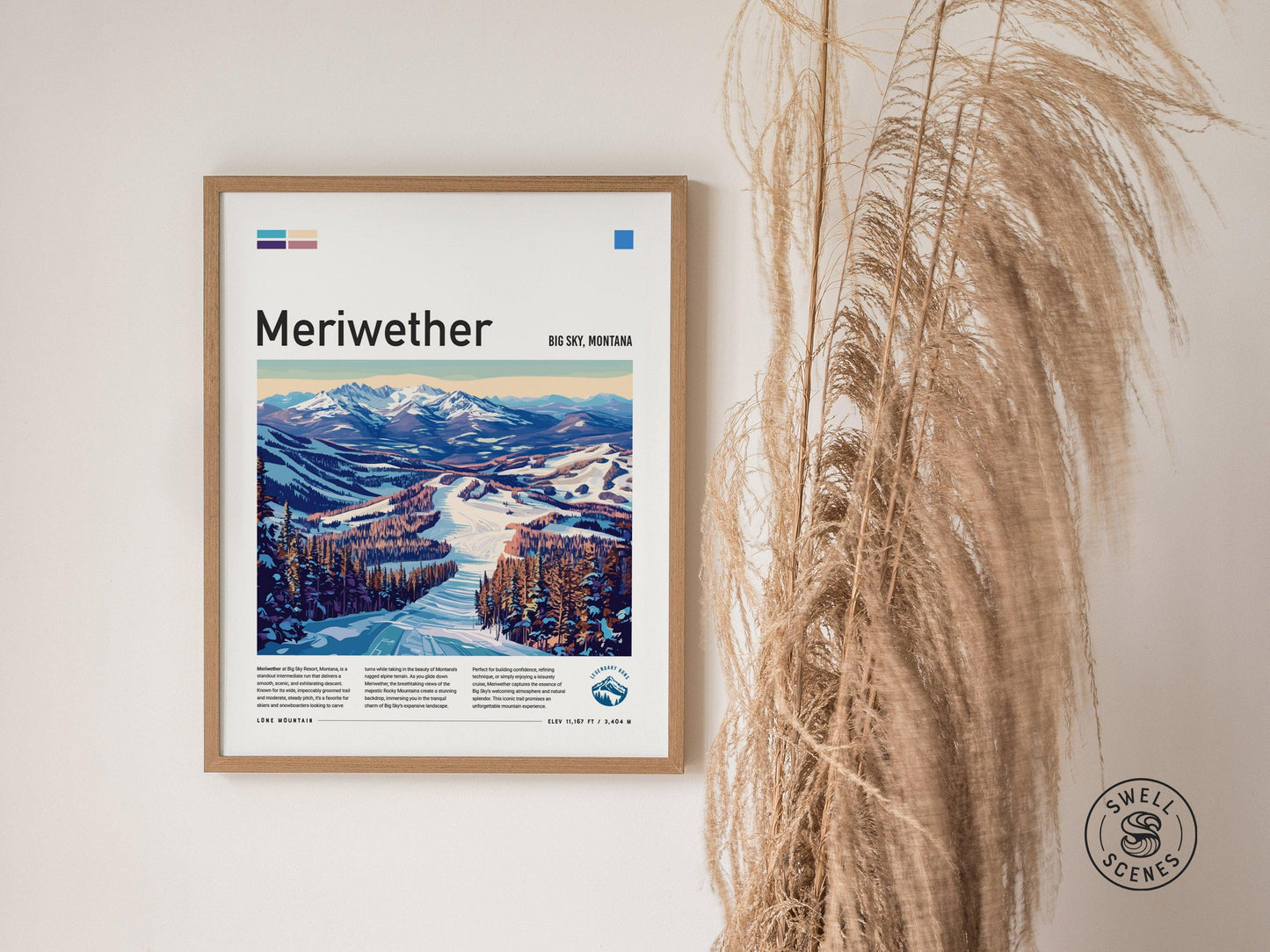 Meriwether Ski Run | Big Sky Resort Montana Intermediate Skiing Slope Framed Poster Skier Snowboarder Mountain Cabin Lodge Art Decor Gift - Swell Scenes