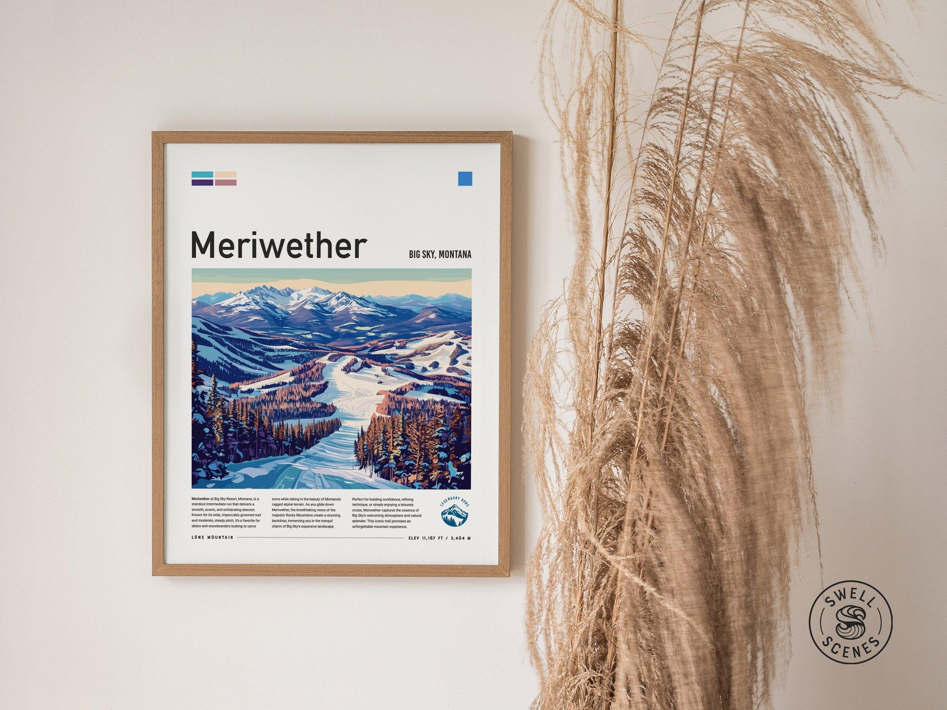 Meriwether Ski Run | Big Sky Resort Montana Intermediate Skiing Slope Framed Poster Skier Snowboarder Mountain Cabin Lodge Art Decor Gift - Swell Scenes