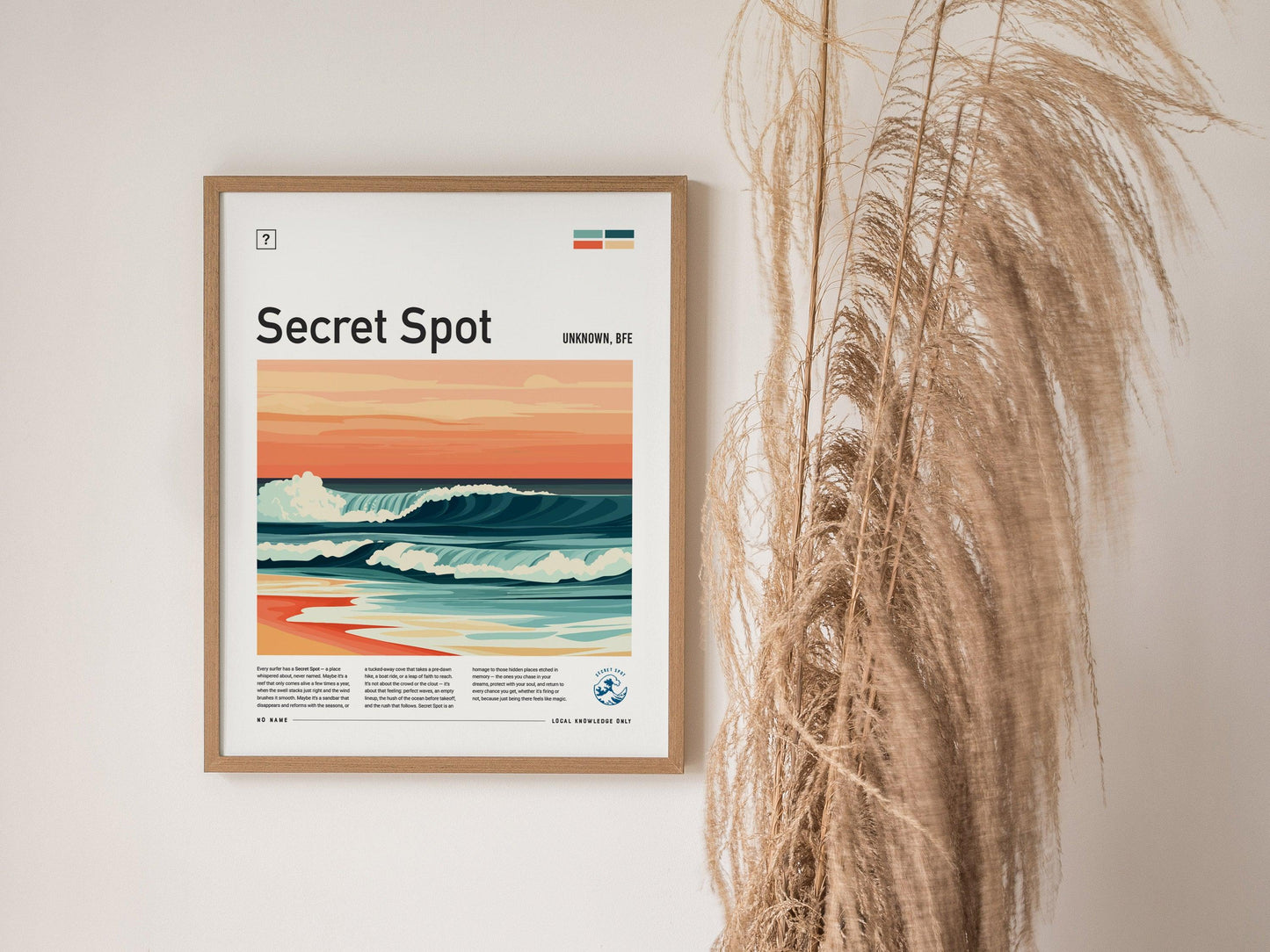 Secret Spot Framed Surf Poster, No Name Beach House Wave Wall Art, Surfer Gift Travel Print, Surfing Life Design Ocean Cottage Decor - Swell Scenes