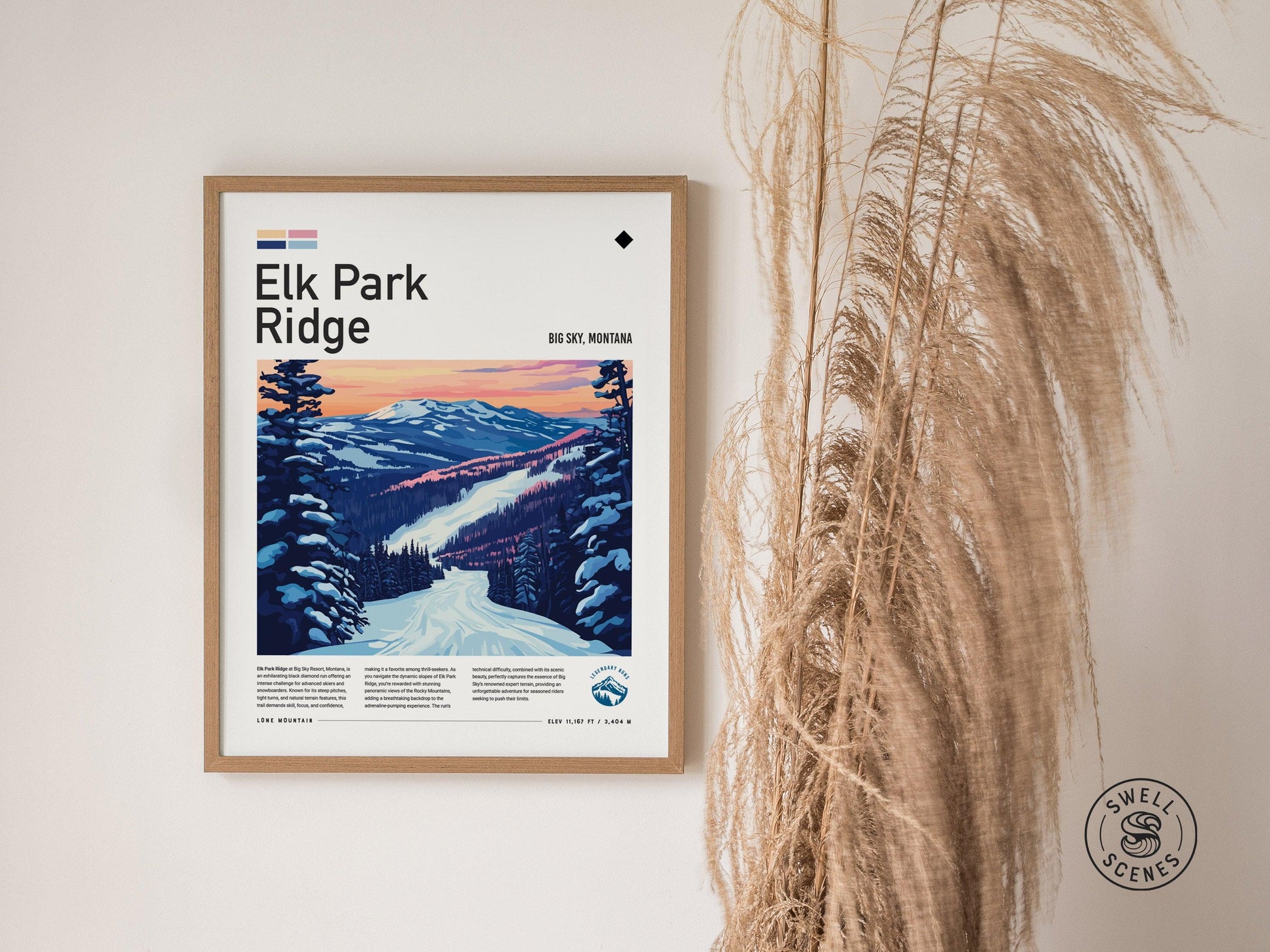 Elk Park Ridge | Big Sky Montana Black Diamond Advanced Ski Run Framed Poster Skier Snowboarder Mountain Cabin Resort Skiing Art Decor Gift - Swell Scenes
