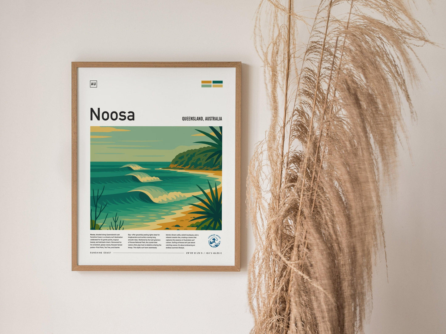Noosa Surf Spot Framed Poster | Queensland Australia Longboard Wave | Modern Wall Art Surfer Travel Print | Minimalist Design Sunshine Coast Surfing Decor - Swell Scenes