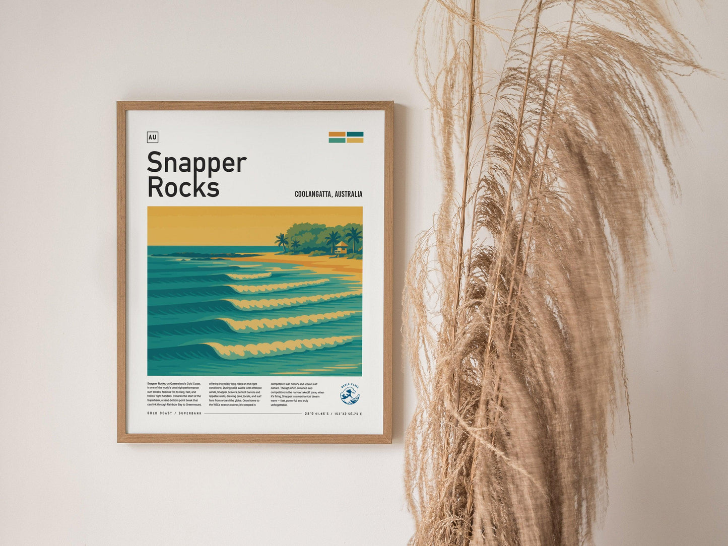 Snapper Rocks Surf Spot Framed Poster | Gold Coast Australia Epic Wave | Modern Wall Art Surfer Travel Print | Minimalist Design Superbank Surfing Decor - Swell Scenes