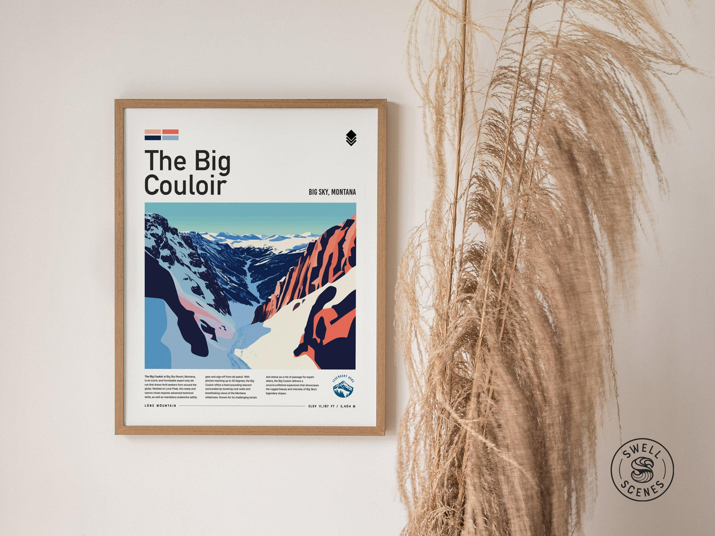The Big Couloir | Big Sky Montana Black Diamond Expert Ski Run Framed Poster Skier Snowboarder Mountain Cabin Resort Skiing Art Decor Gift - Swell Scenes