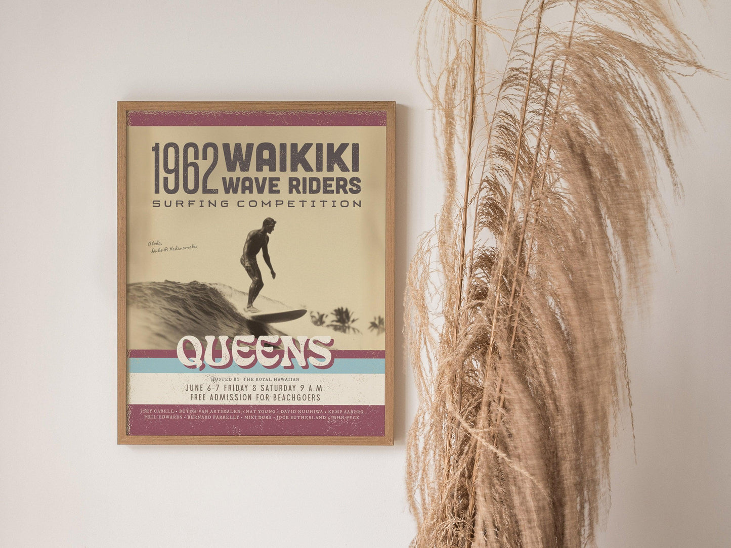 1962 Waikiki Wave Riders Vintage Surf Poster | Longboard Classic Surfing Competition Art | Retro Hawaii Oahu Framed Print Surfer Decor Gift - Swell Scenes