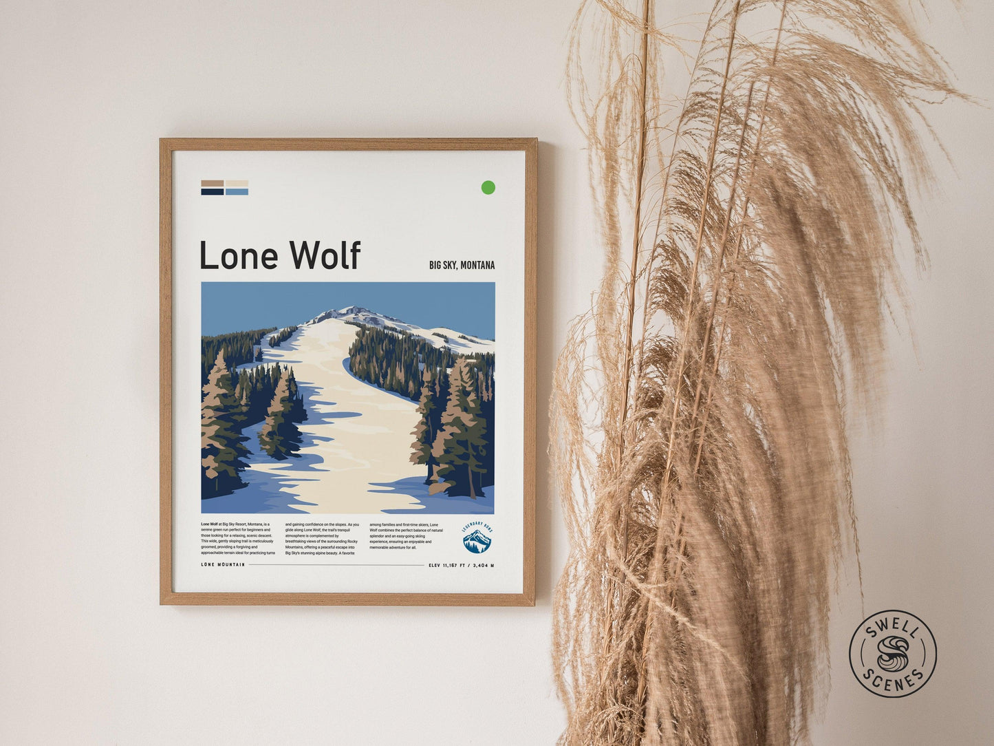 Lone Wolf | Big Sky Montana Beginner Green Ski Run Framed Poster Skier Snowboarder Lone Mountain Cabin Resort Skiing Trip Art Decor Gift Set - Swell Scenes