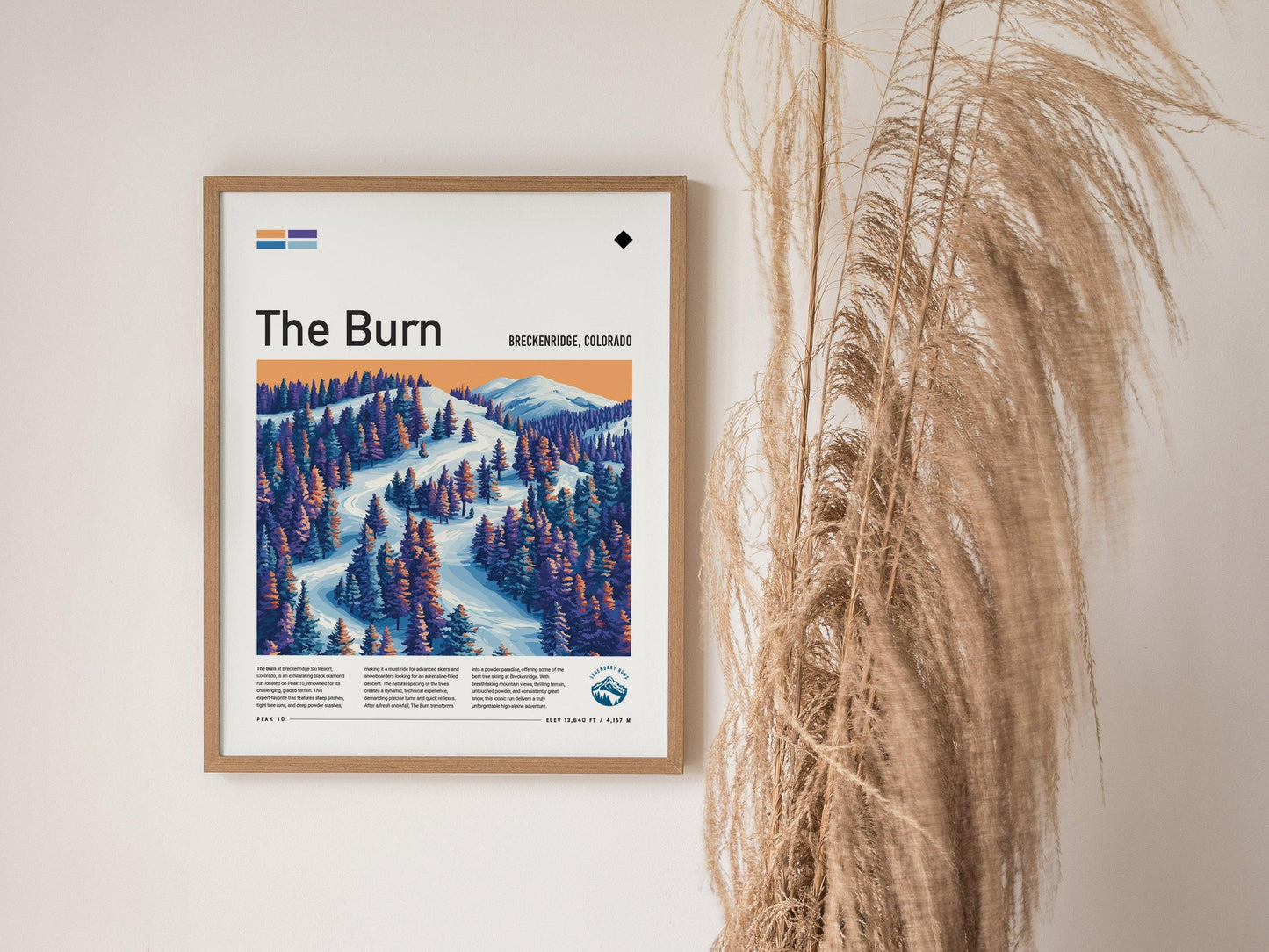 Framed poster of a mountain landscape titled 'The Burn' on a wall with decorative elements.