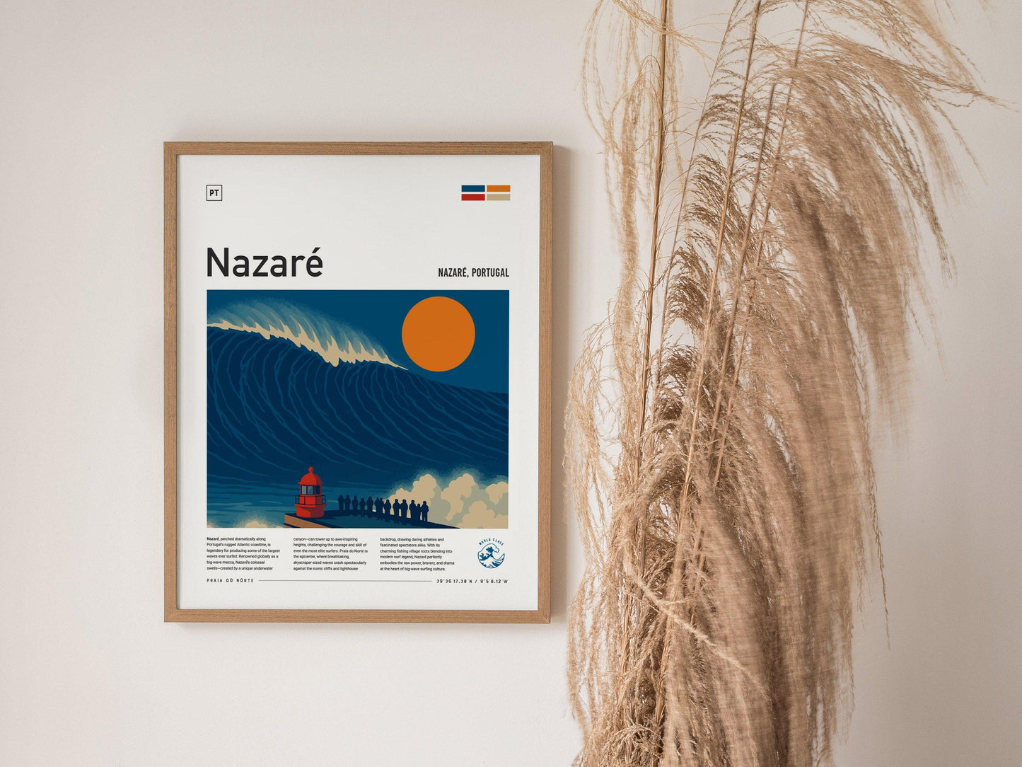 Nazaré Big Wave Surf Spot Framed Poster | Portugal Epic 100 Foot Wave | Modern Wall Art Surfer Nazare Travel Print | Minimalist Design Surfing Decor - Swell Scenes