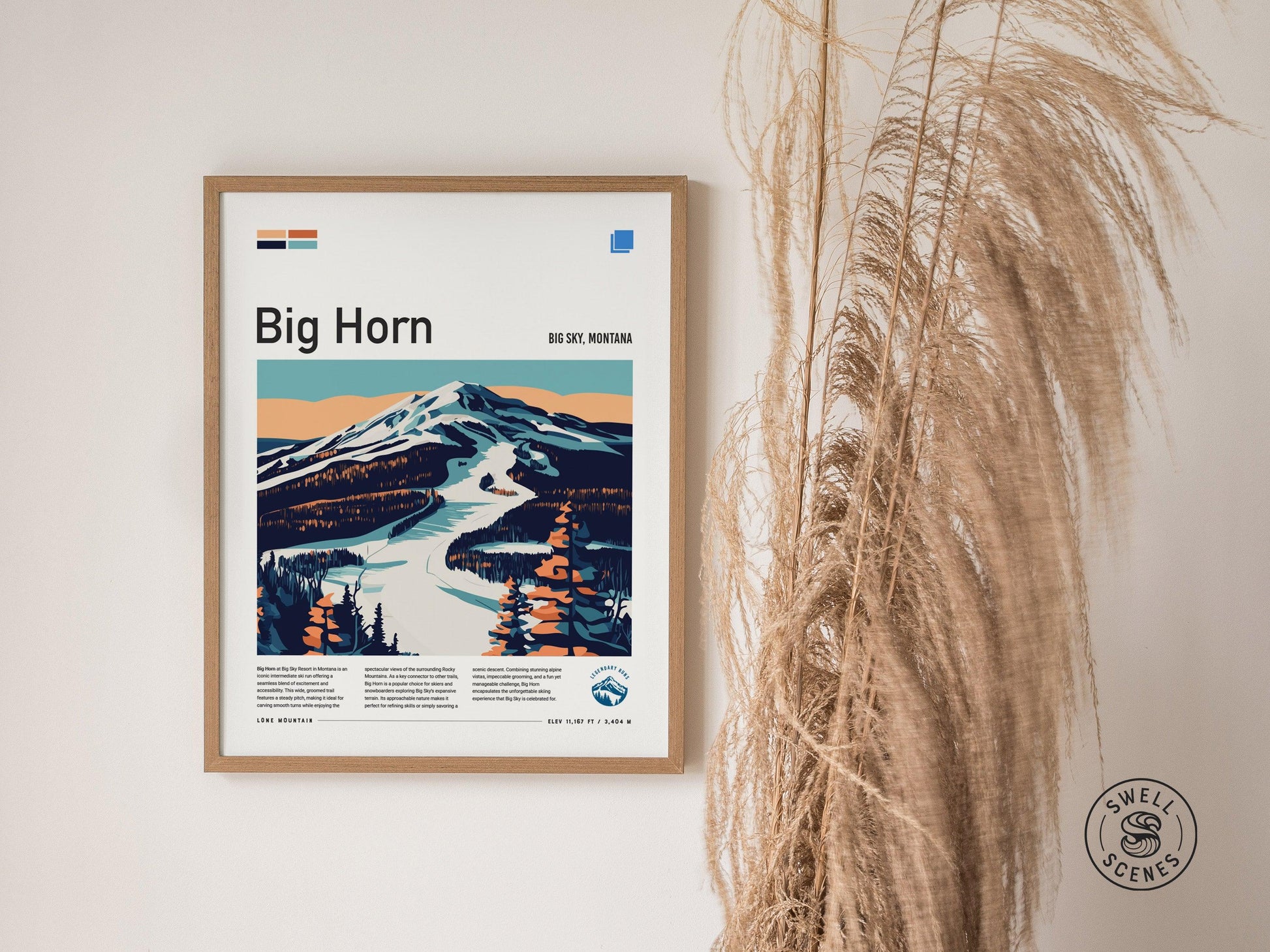 Big Horn | Big Sky Montana Intermediate Blue Ski Run Framed Poster Skier Snowboarder Lone Mountain Cabin Resort Skiing Trip Art Decor Gift - Swell Scenes