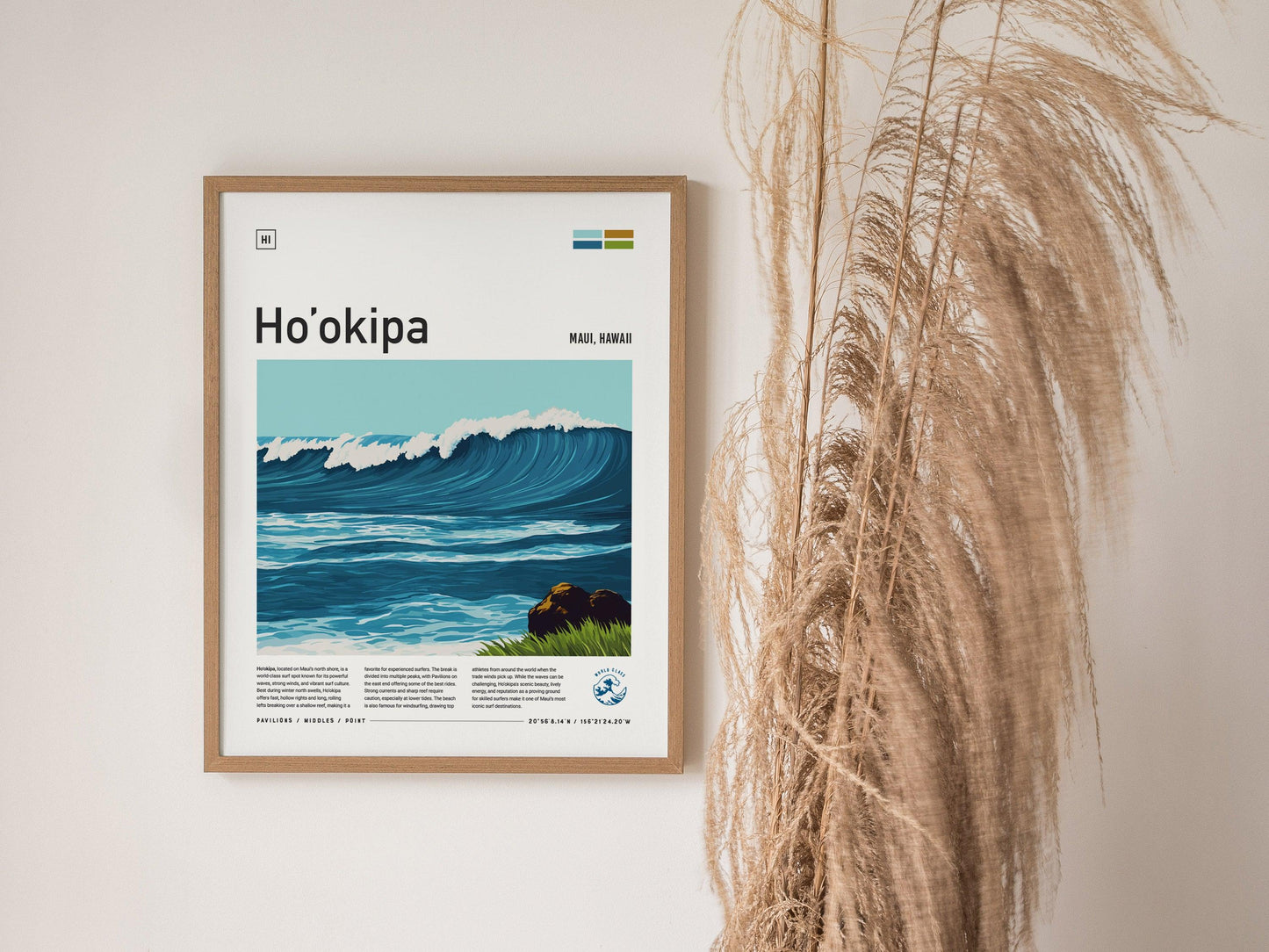 Ho'okipa Framed Surf Spot Poster, Hookipa Beach Maui Wall Art, Paia Travel Print, Hawaii Surfer Windsurfer Big Wave Surfing Design - Swell Scenes