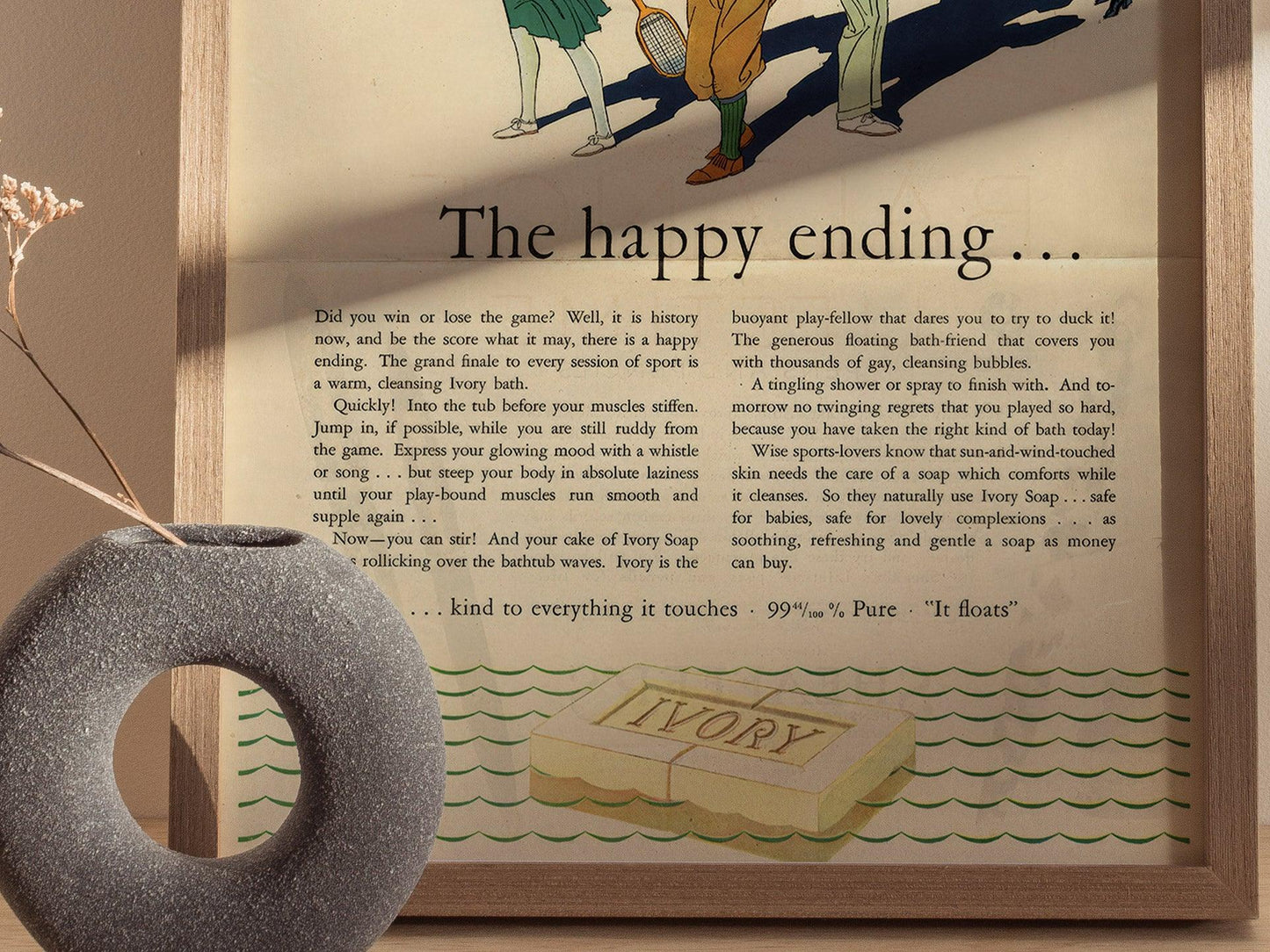 Vintage Ivory Soap ad in white frame featuring 1920s Happy Ending bathroom Art Nouveau retro print