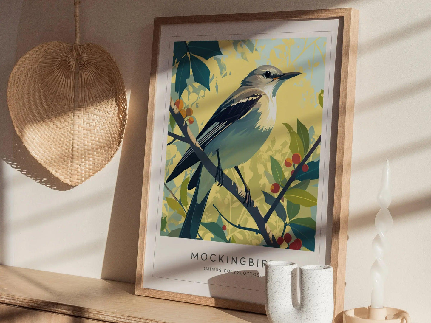 Mockingbird Songbird Modern Framed Wall Art | Cottagecore Minimalist Nature Wildlife Poster | Audubon Scientific Print | Bird Lover Farm House Decor - Swell Scenes