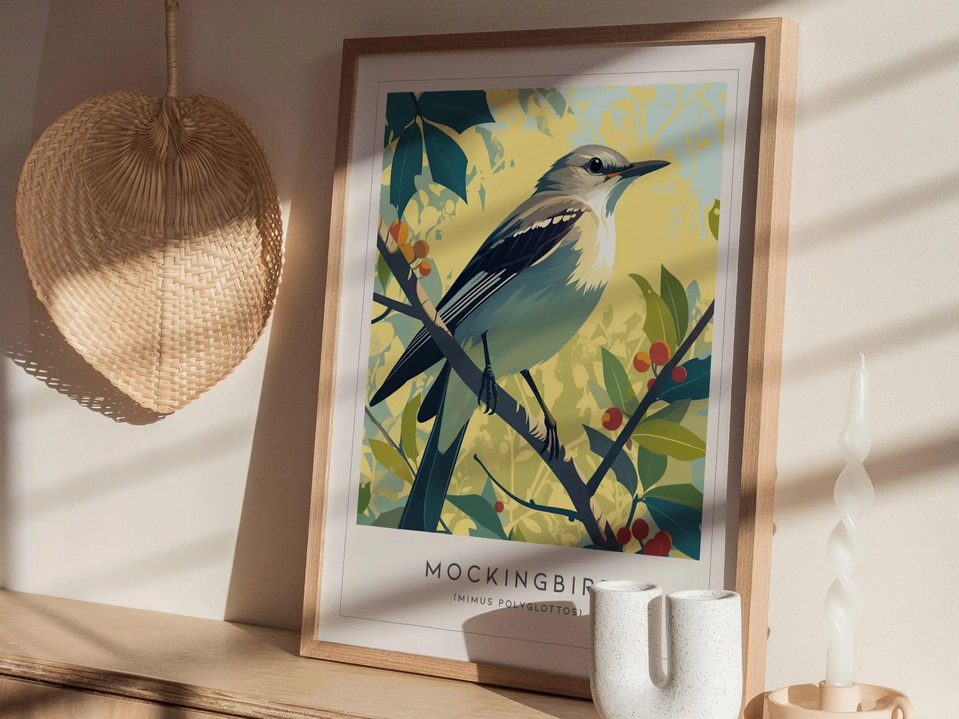 Mockingbird Songbird Modern Framed Wall Art | Cottagecore Minimalist Nature Wildlife Poster | Audubon Scientific Print | Bird Lover Farm House Decor - Swell Scenes