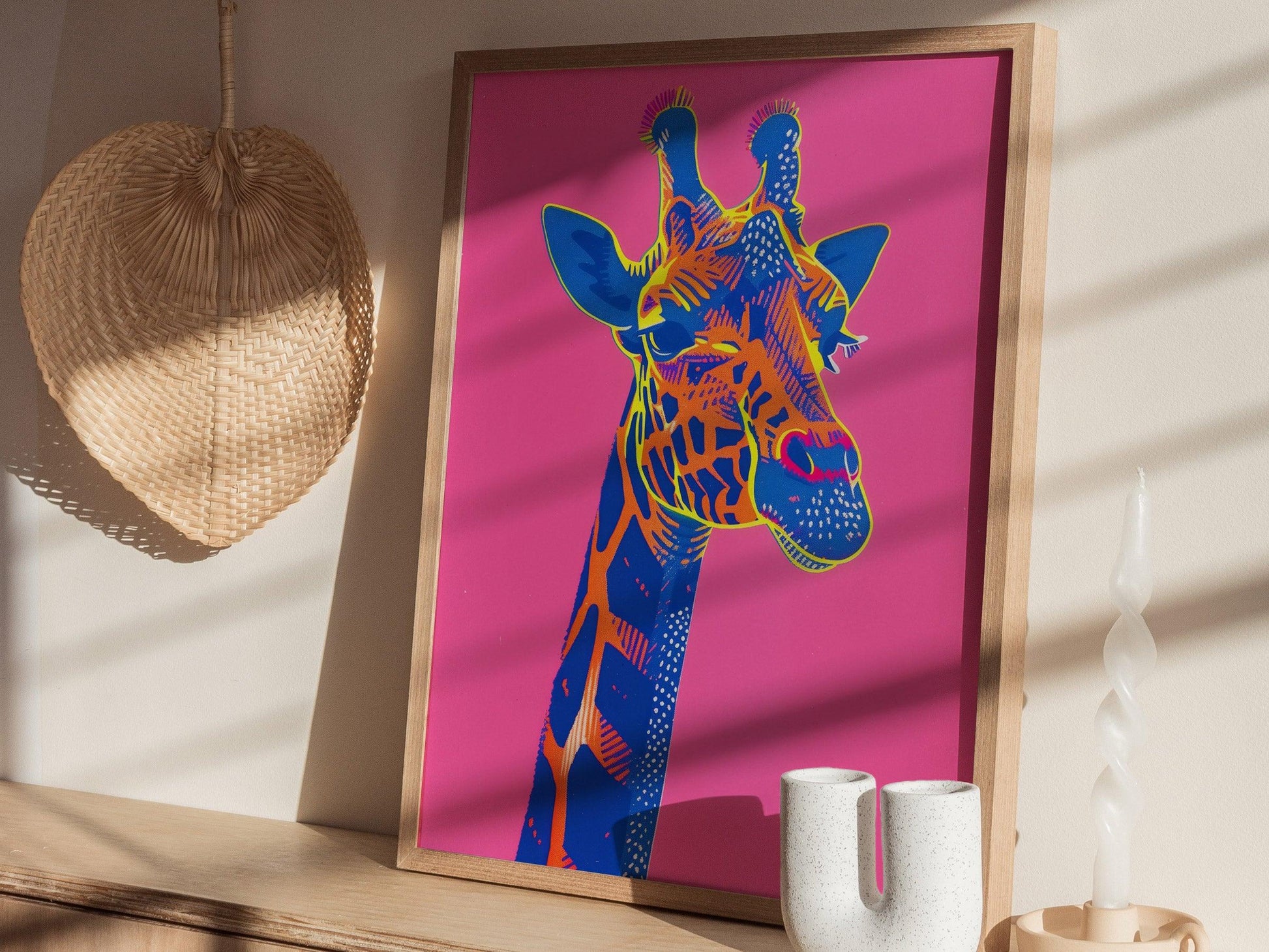 Neon Giraffe Pop Art Poster – Bold Safari Animal Wall Decor, Retro 80s Aesthetic, Vibrant Wildlife Print, Available Framed/Unframed - Swell Scenes