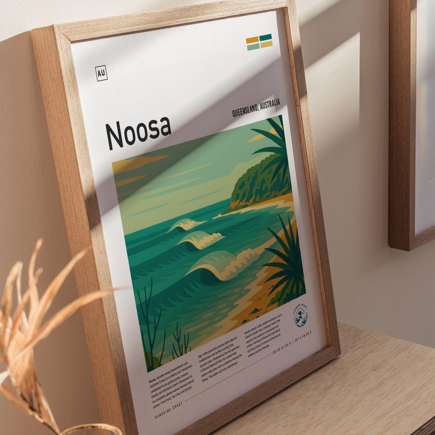Noosa Surf Spot Framed Poster | Queensland Australia Longboard Wave | Modern Wall Art Surfer Travel Print | Minimalist Design Sunshine Coast Surfing Decor - Swell Scenes