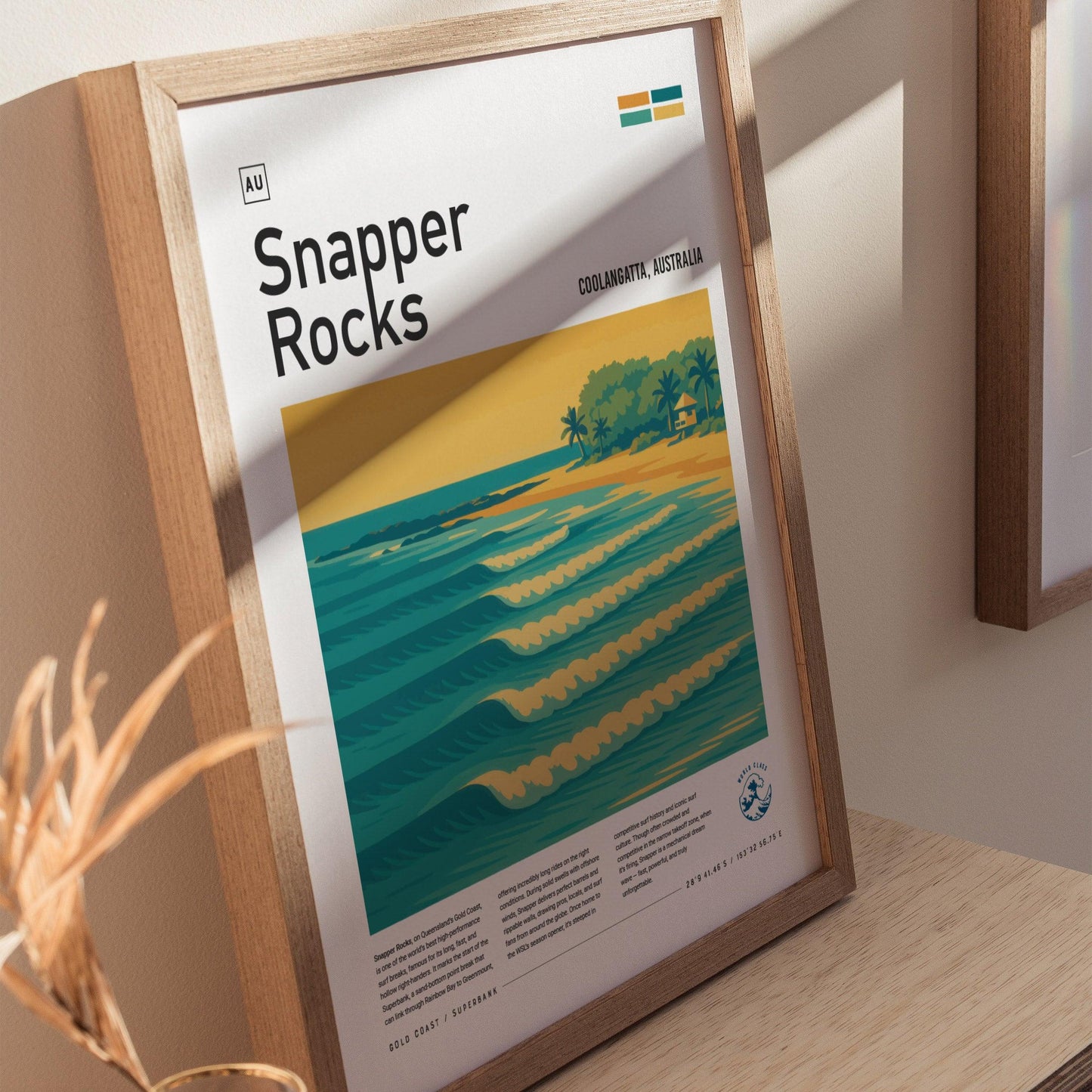 Snapper Rocks Surf Spot Framed Poster | Gold Coast Australia Epic Wave | Modern Wall Art Surfer Travel Print | Minimalist Design Superbank Surfing Decor - Swell Scenes